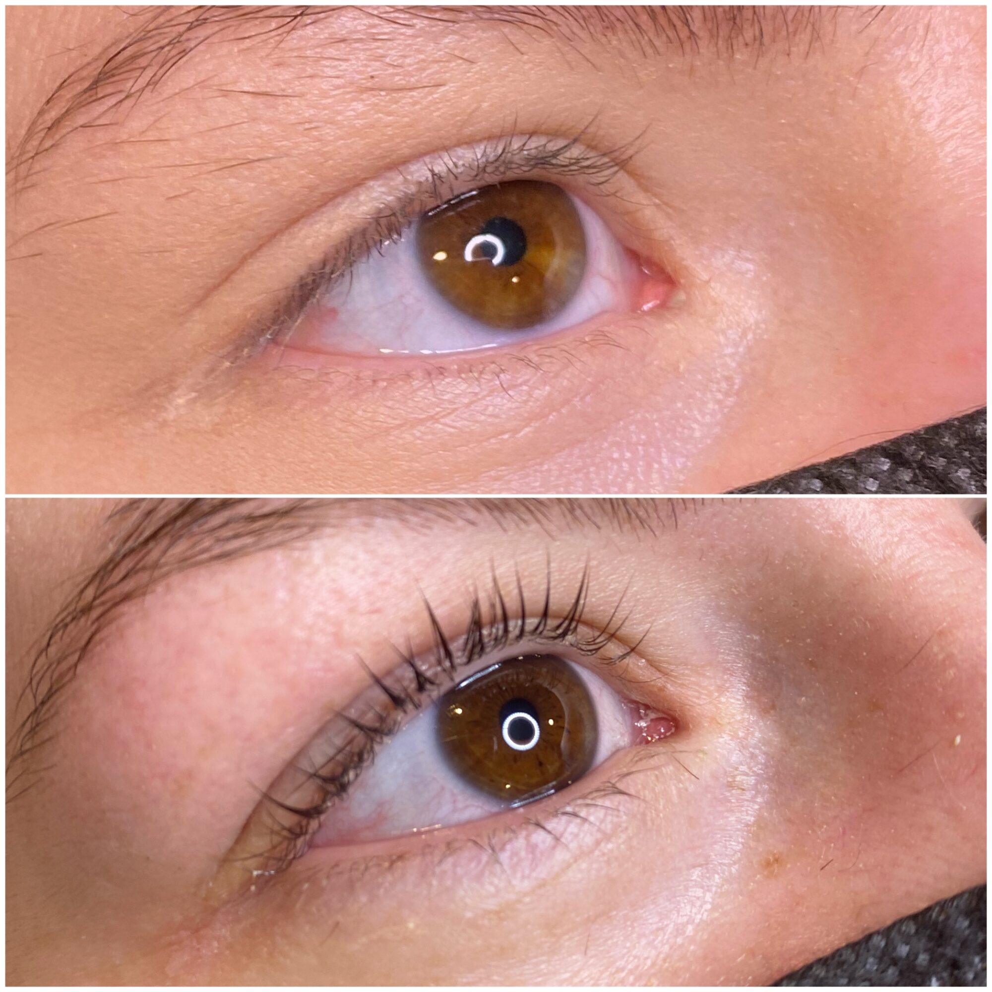 Close-up of a person's eye before and after eyelash enhancement, showing longer, darker eyelashes.