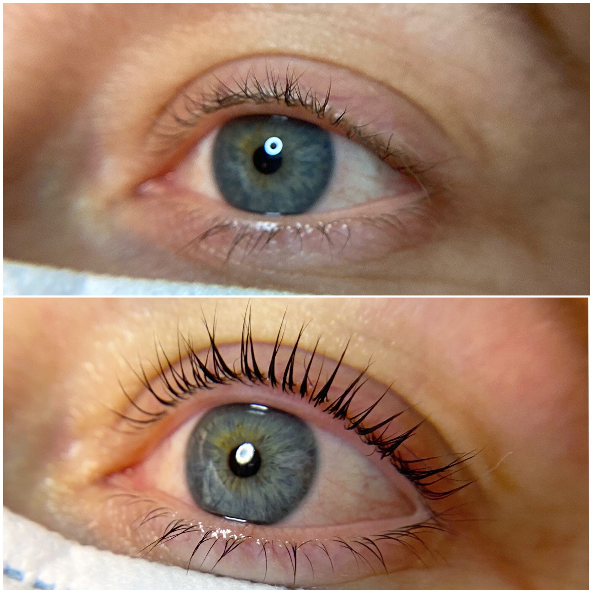 Close-up of a blue eye before and after eyelash enhancement, showing natural and enhanced lashes.