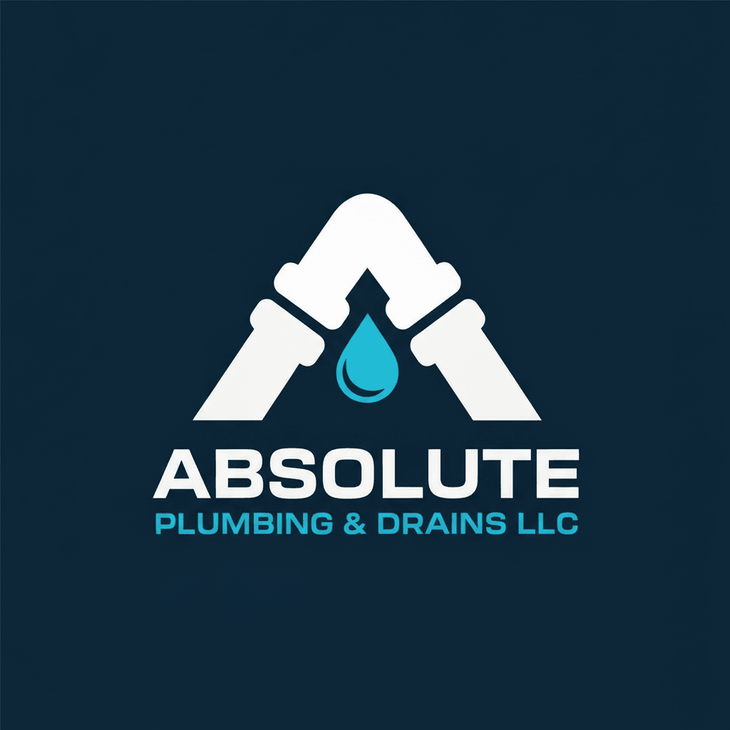 Logo with two white pipes, a blue water droplet, and text for plumbing company.