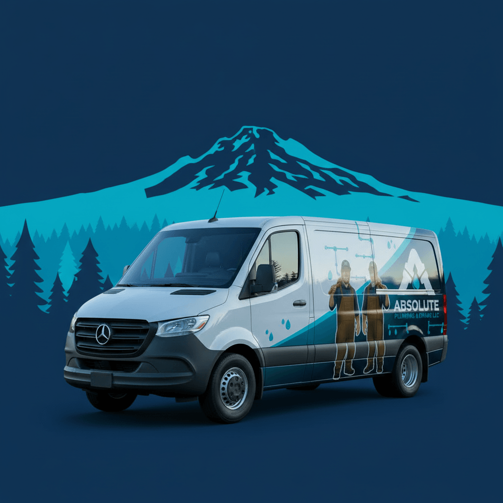 Mercedes-Benz van with a mountain and forest background, featuring a person and a dog, and the word 'ABSOLUTE'.