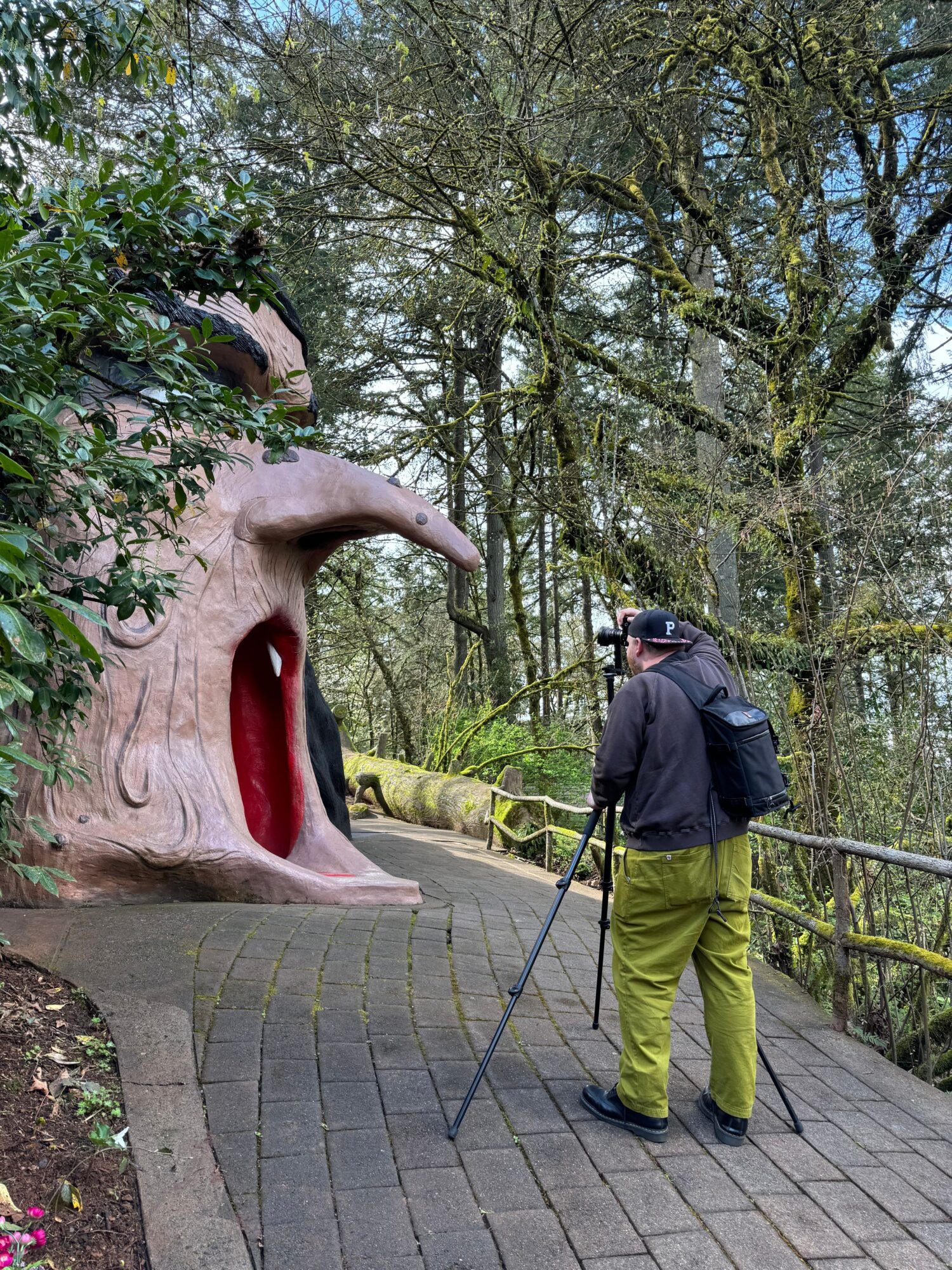 Person walking on a paved path in a park with trees, with a large pink sculpture resembling a face with an open mouth.