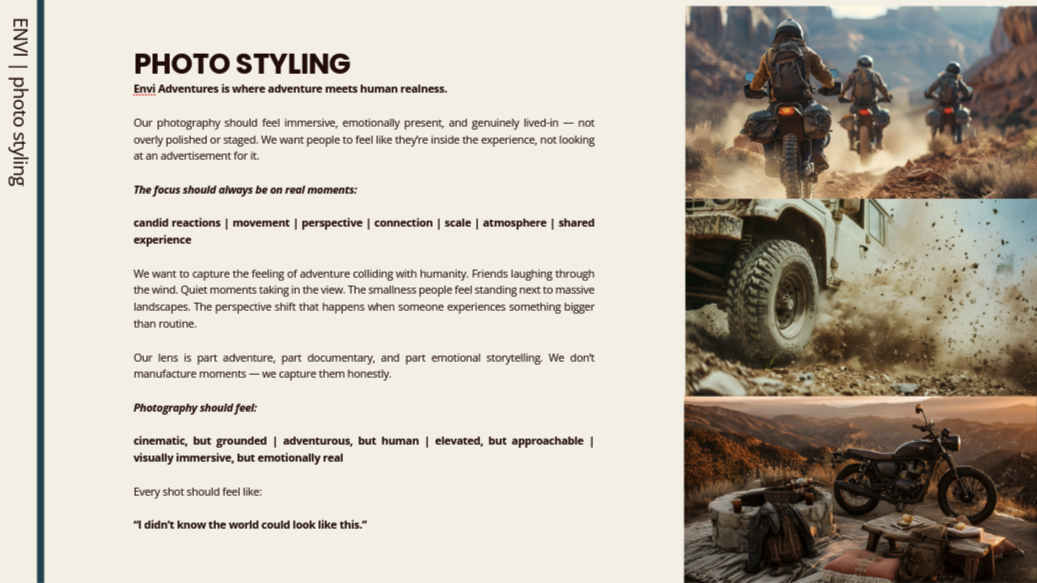 Page with text about photo styling and four images of motorcycles and off-road vehicles in action.