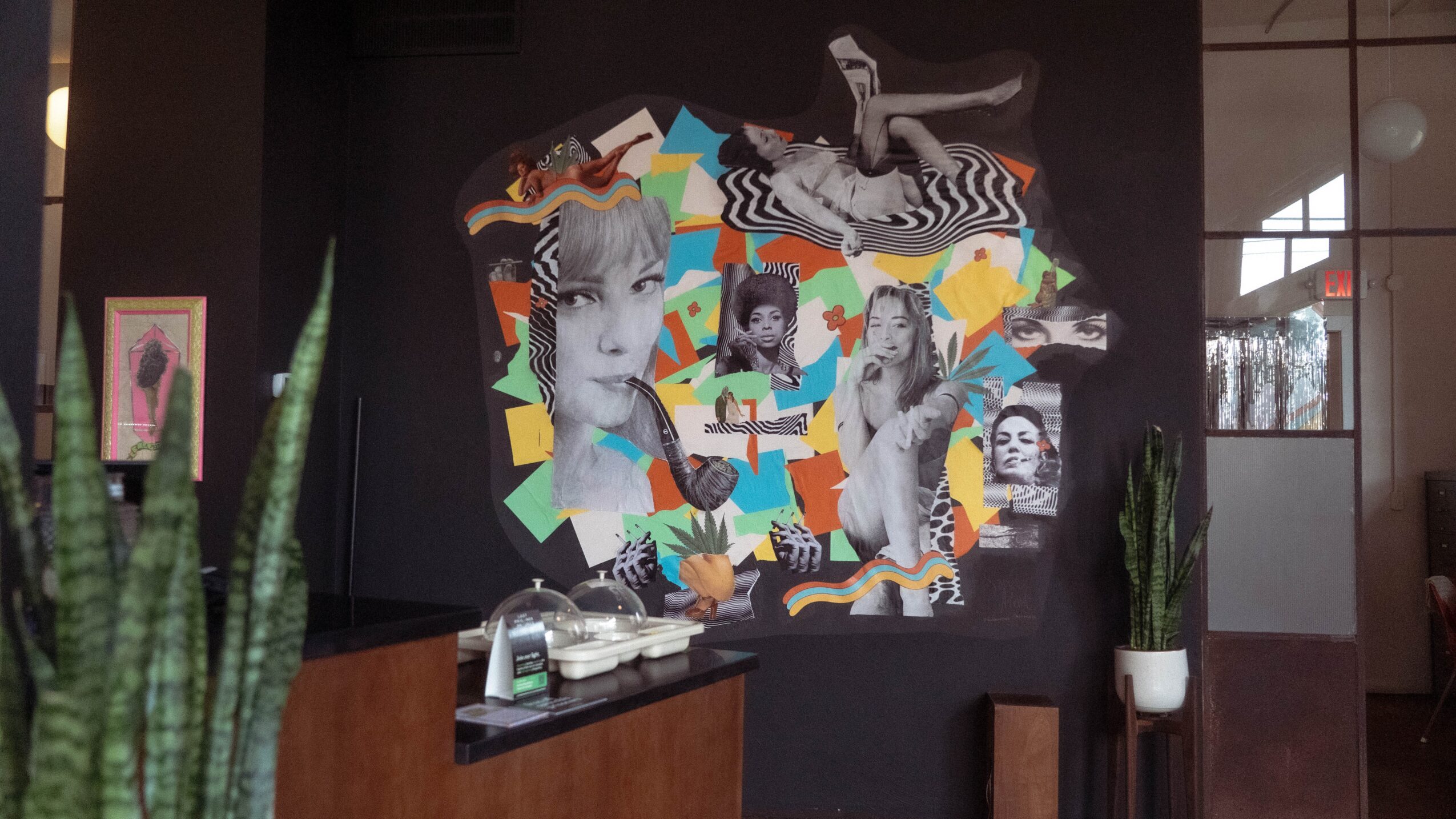 Wall art featuring black and white portraits of women with colorful geometric and abstract background elements.