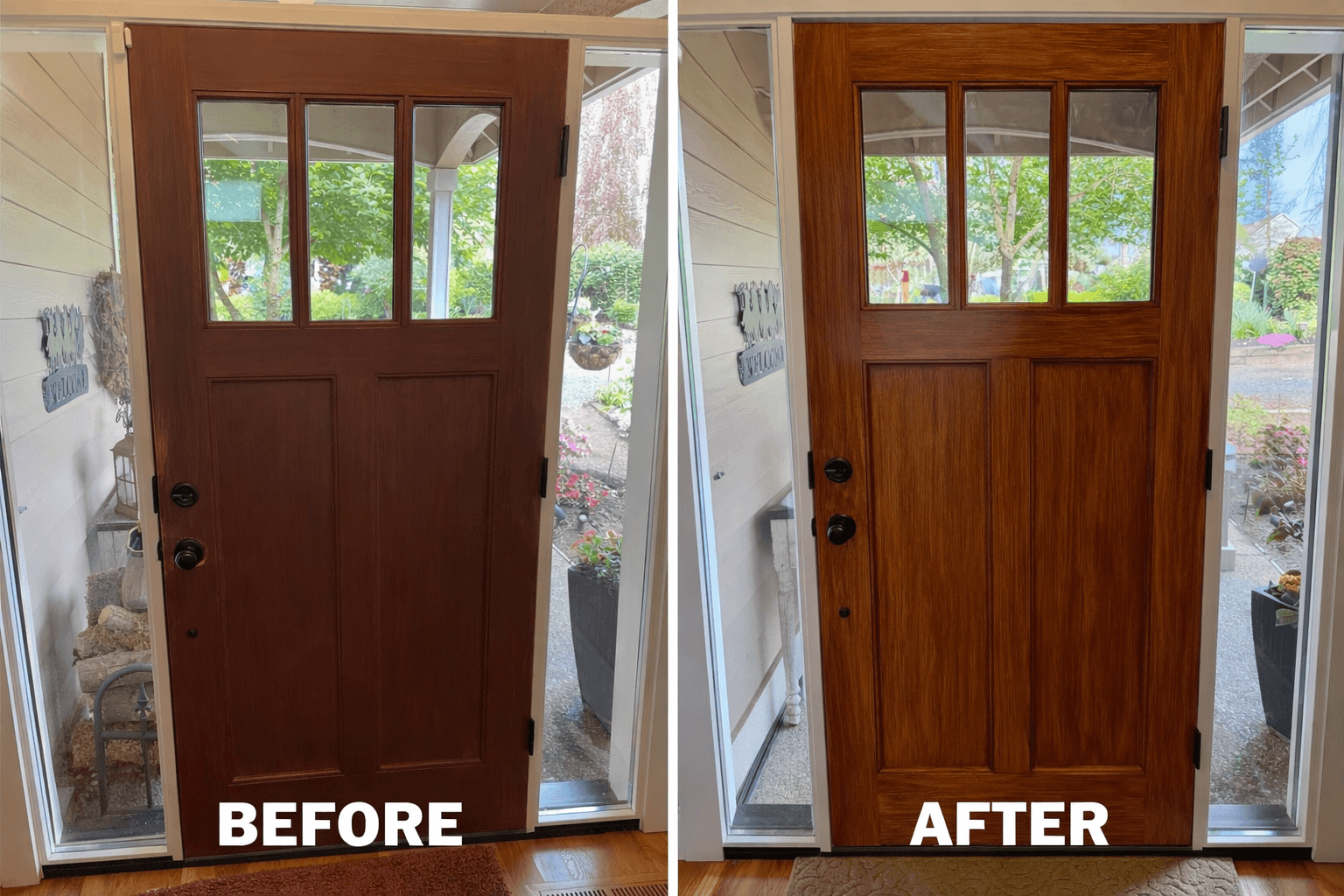 Comparison of a wooden door before and after refinishing, showing a lighter, polished surface after treatment.