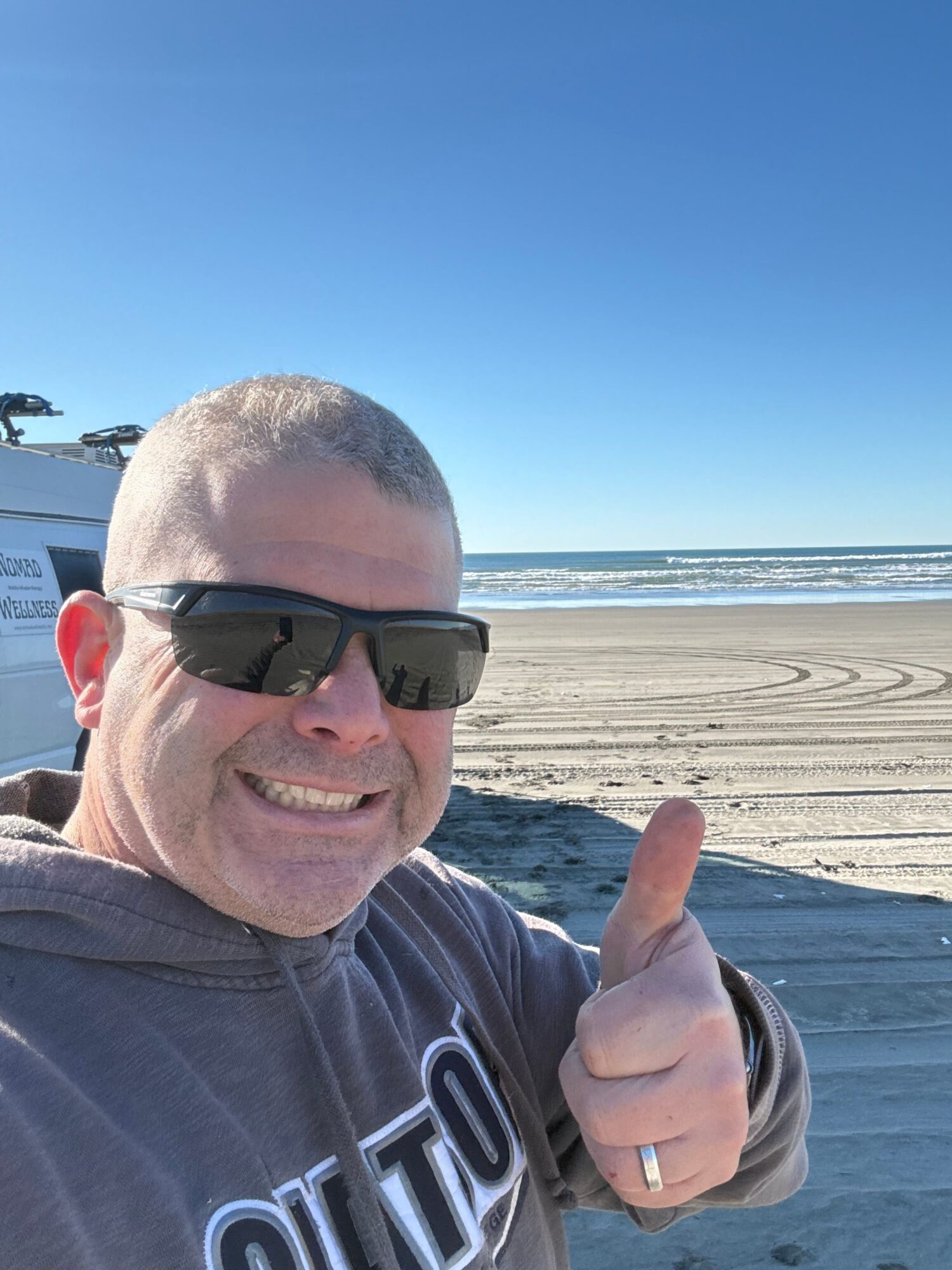 Man wearing sunglasses and a hoodie, pointing at the camera, on a beach with sand and ocean in background.