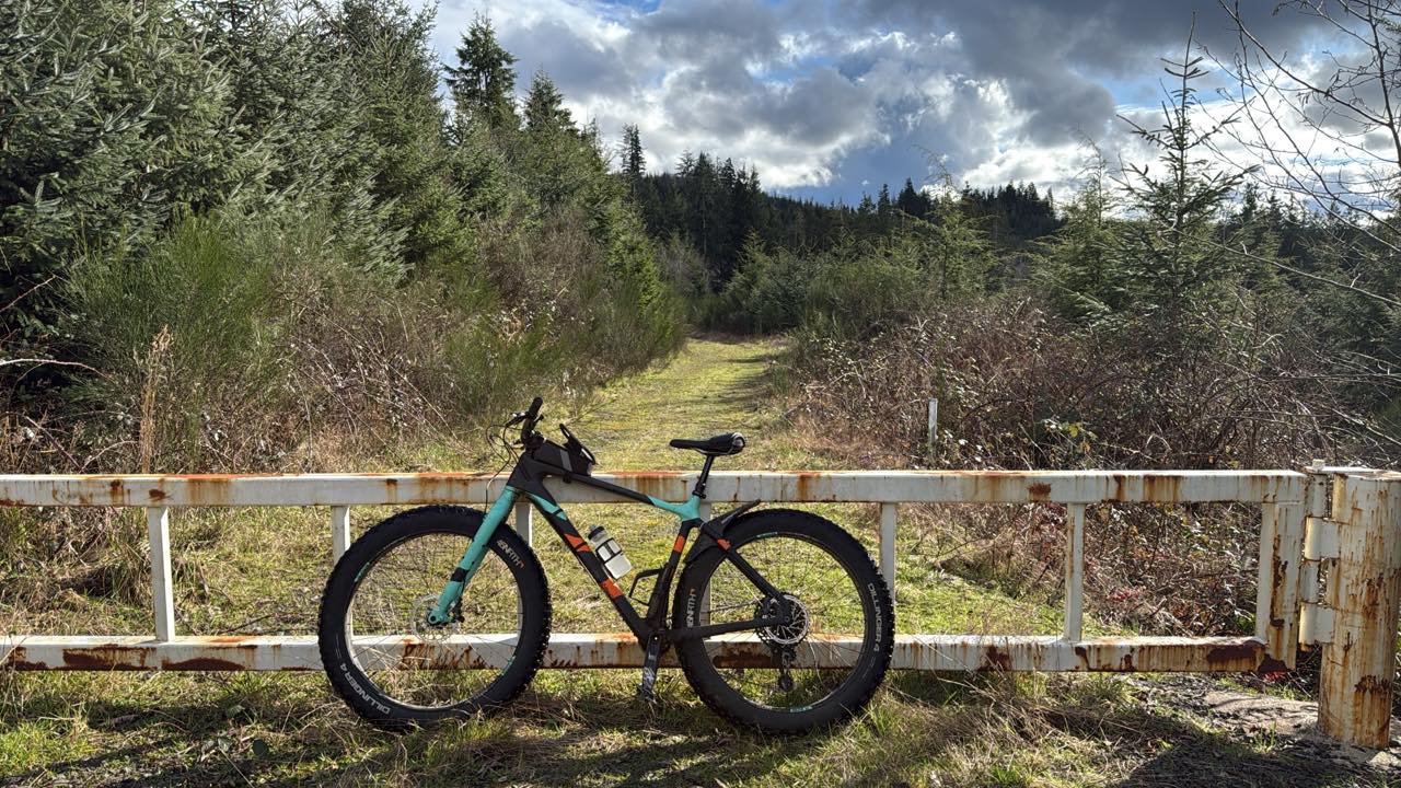 Mountain bike parked in front of a gate on a trail with trees and sky in the background.