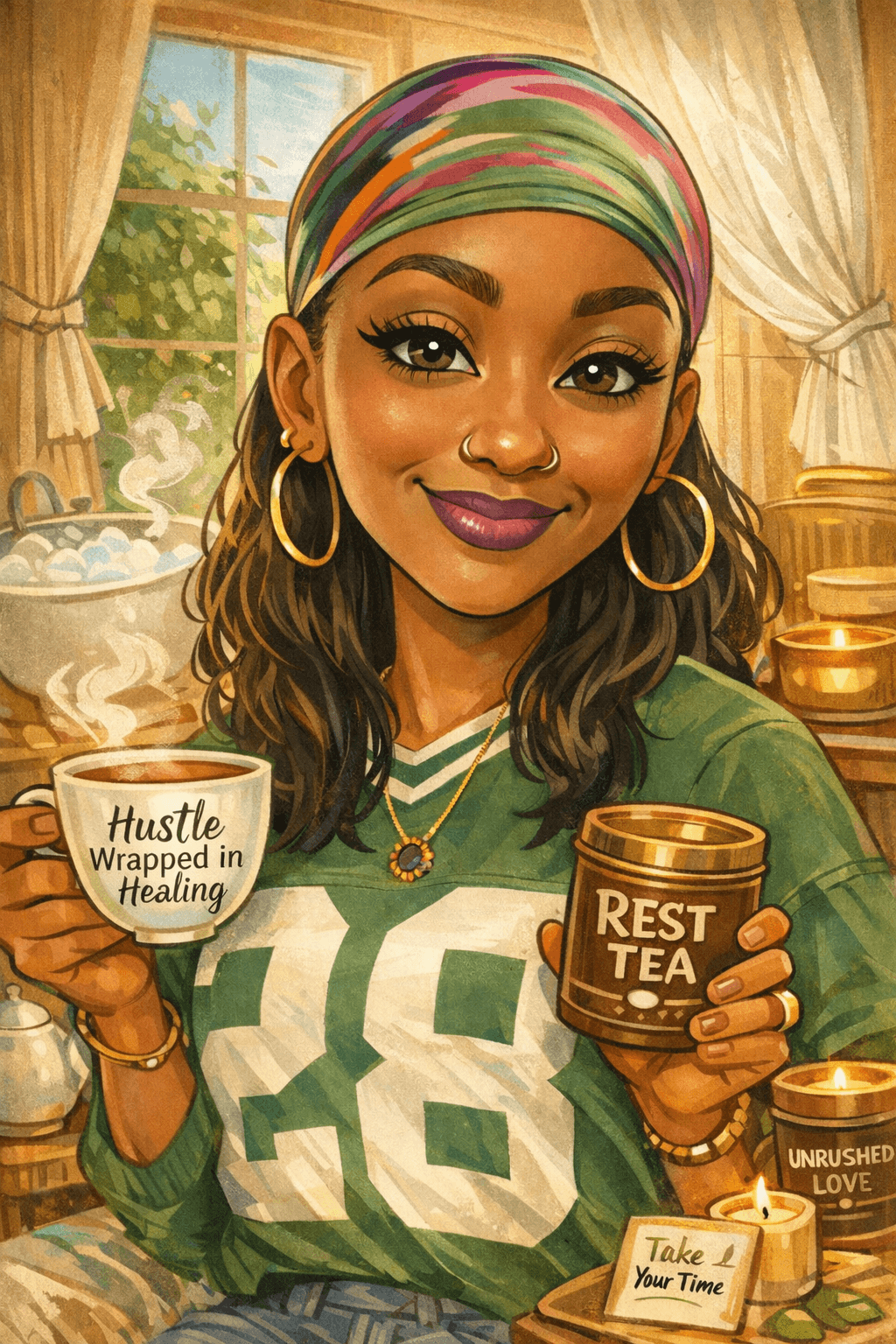 Portrait of a woman with a colorful headscarf, gold hoop earrings, and a green sports jersey, holding tea cups labeled 'Hustle' and 'Rest Tea'.