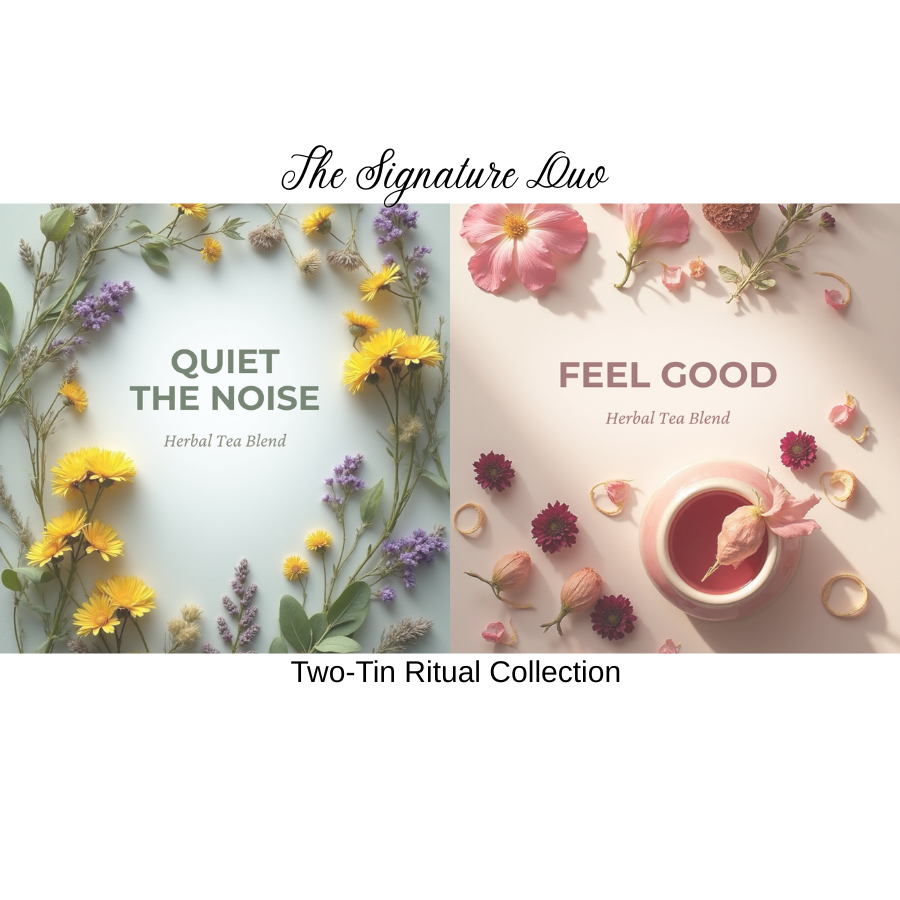Two herbal tea blends with flowers, one labeled 'Quiet the Noise' and the other 'Feel Good,' on a floral background.
