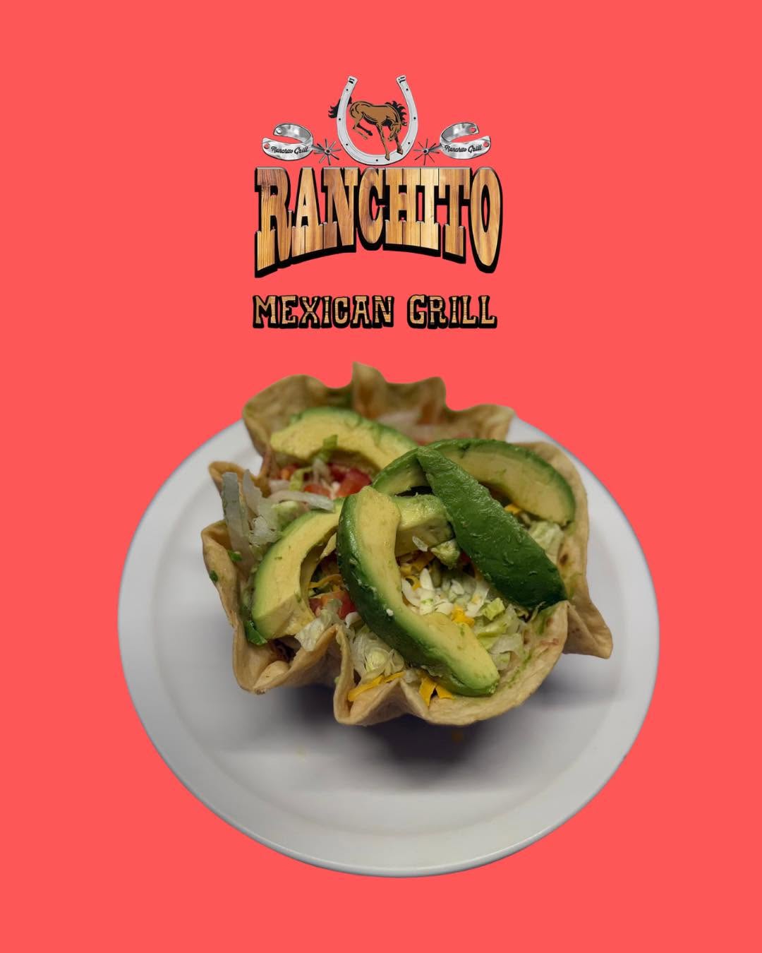 Plate with avocado slices and vegetables on a white dish, red background with ranchito Mexican Grill logo.