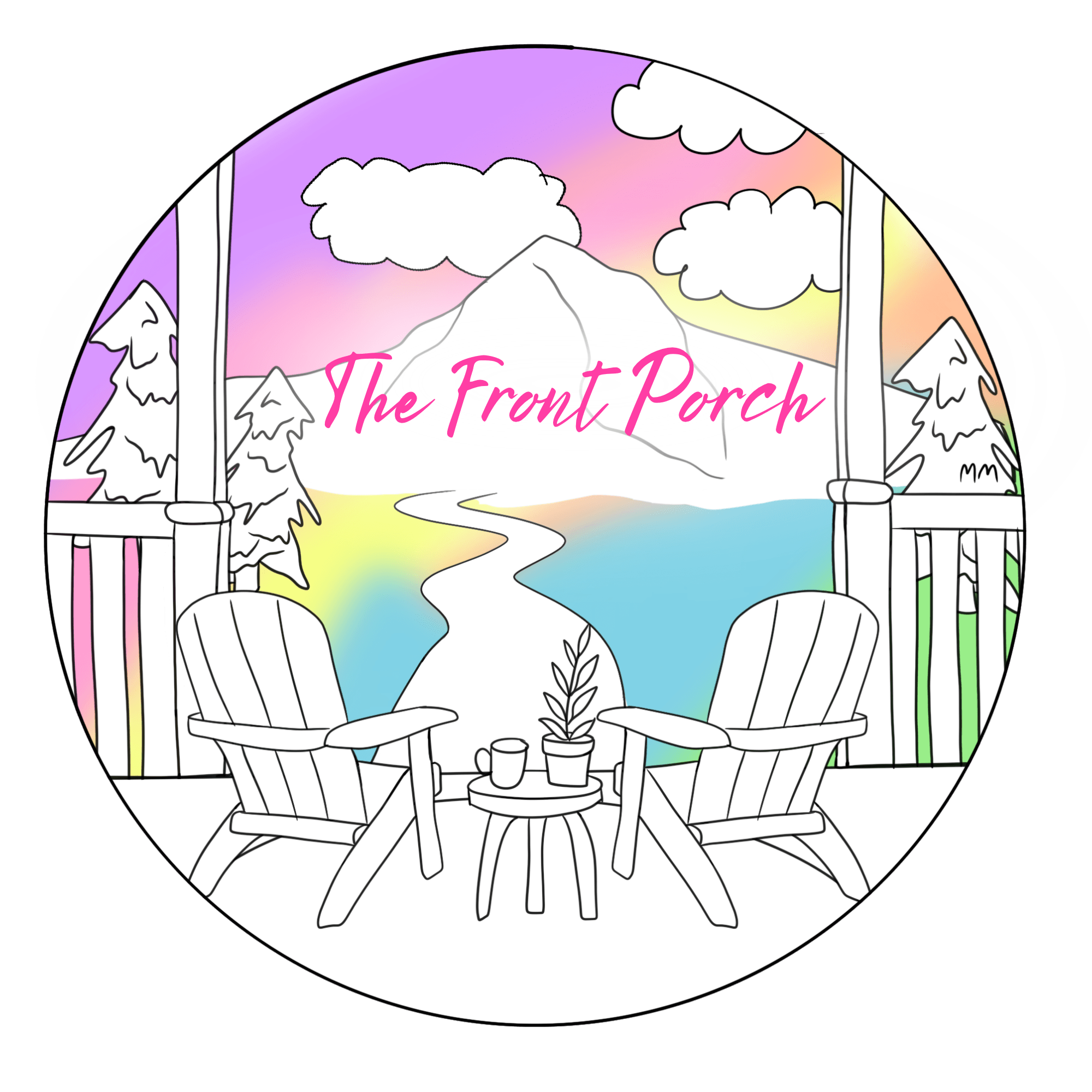 View from a porch with two chairs and a small table, overlooking a mountain, river, and colorful sky, with text 'The Front Porch'.