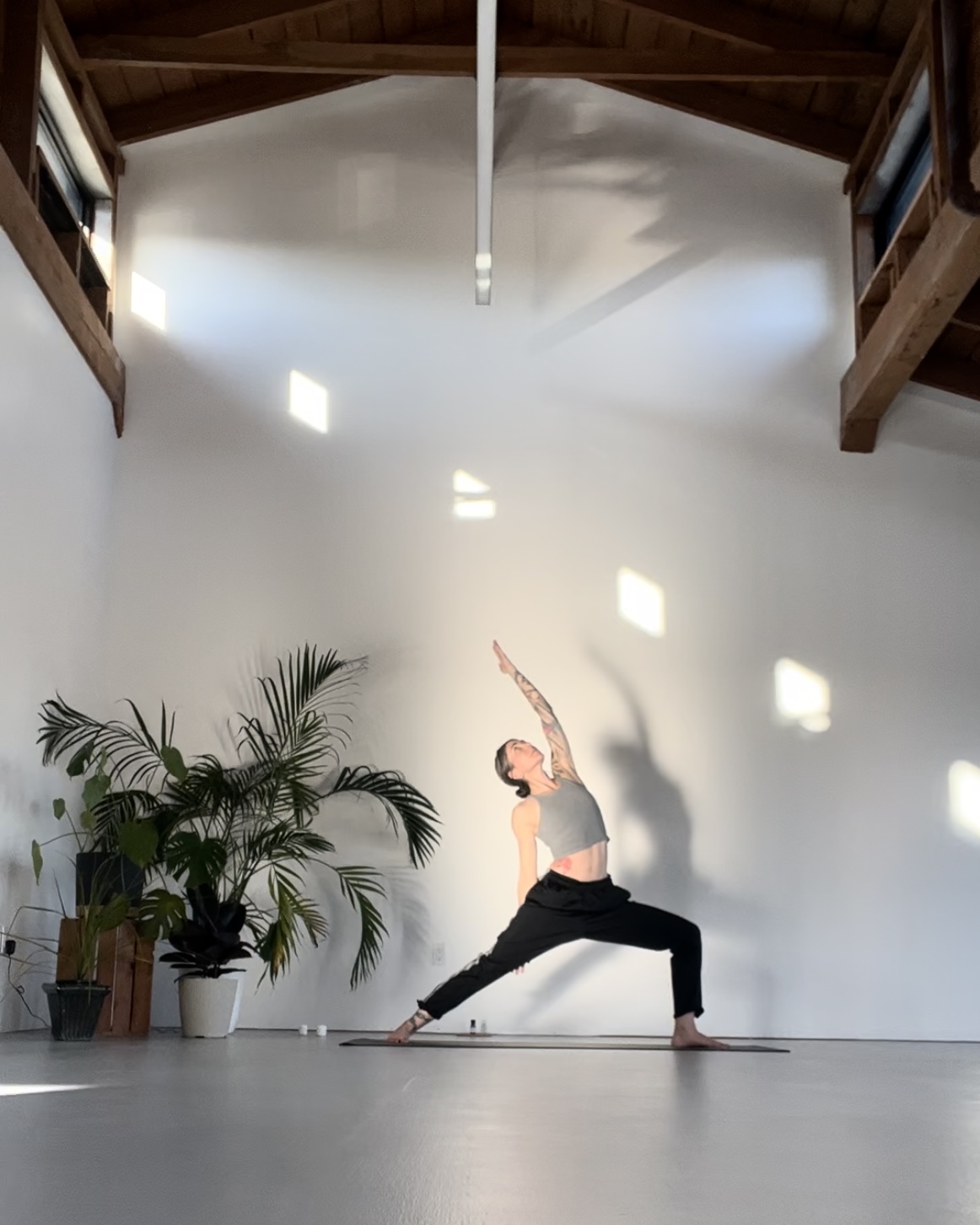 Person practicing yoga in a spacious room with white walls, wooden ceiling, and potted plant, performing a wide-legged pose.