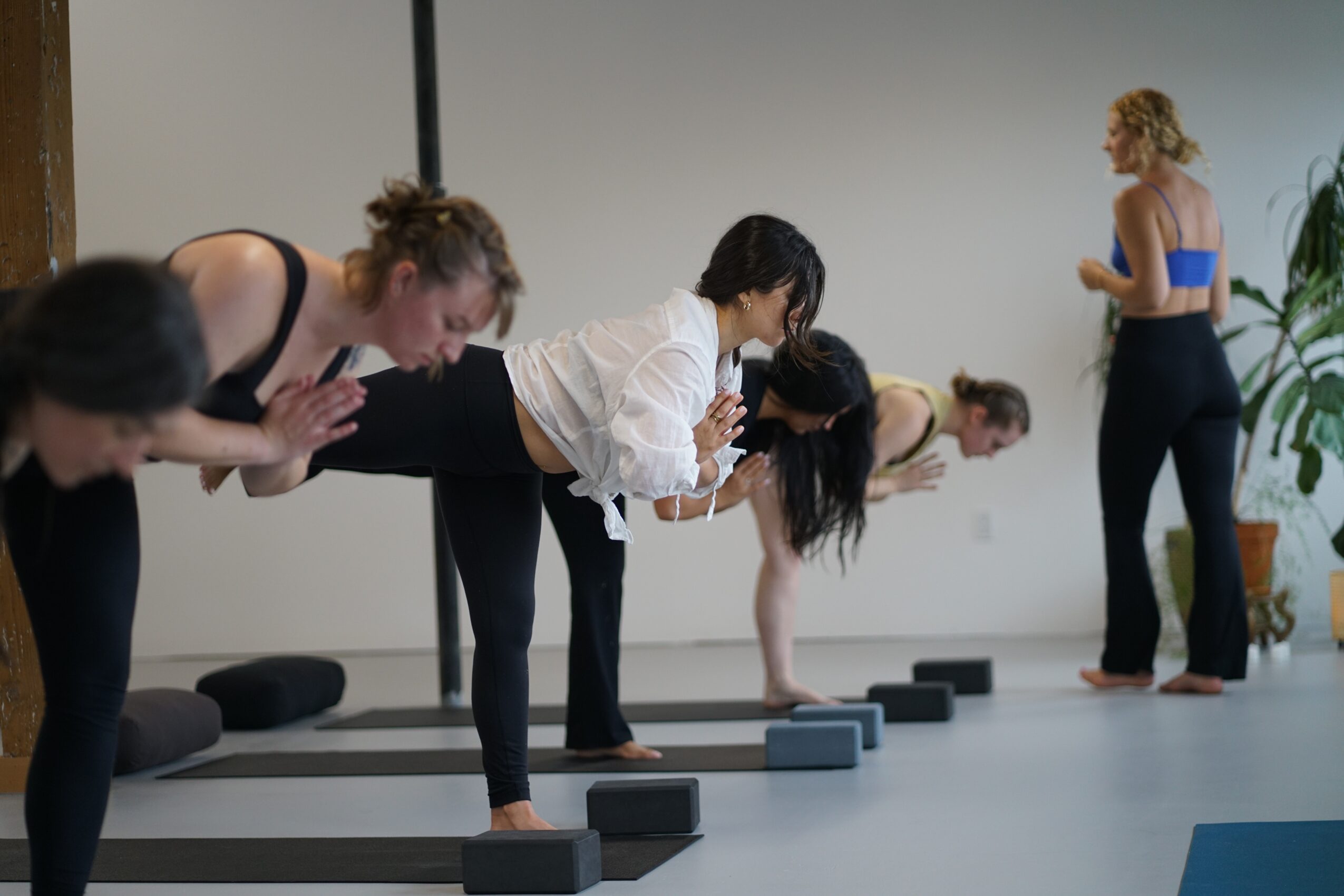 Group of women practicing yoga or stretching on mats in a studio, with a woman standing nearby, and a plant in the background.