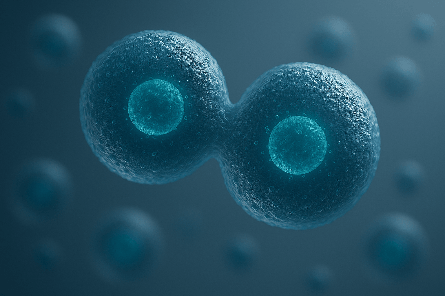 Two cells connected, with a background of similar cells, in a scientific illustration style.