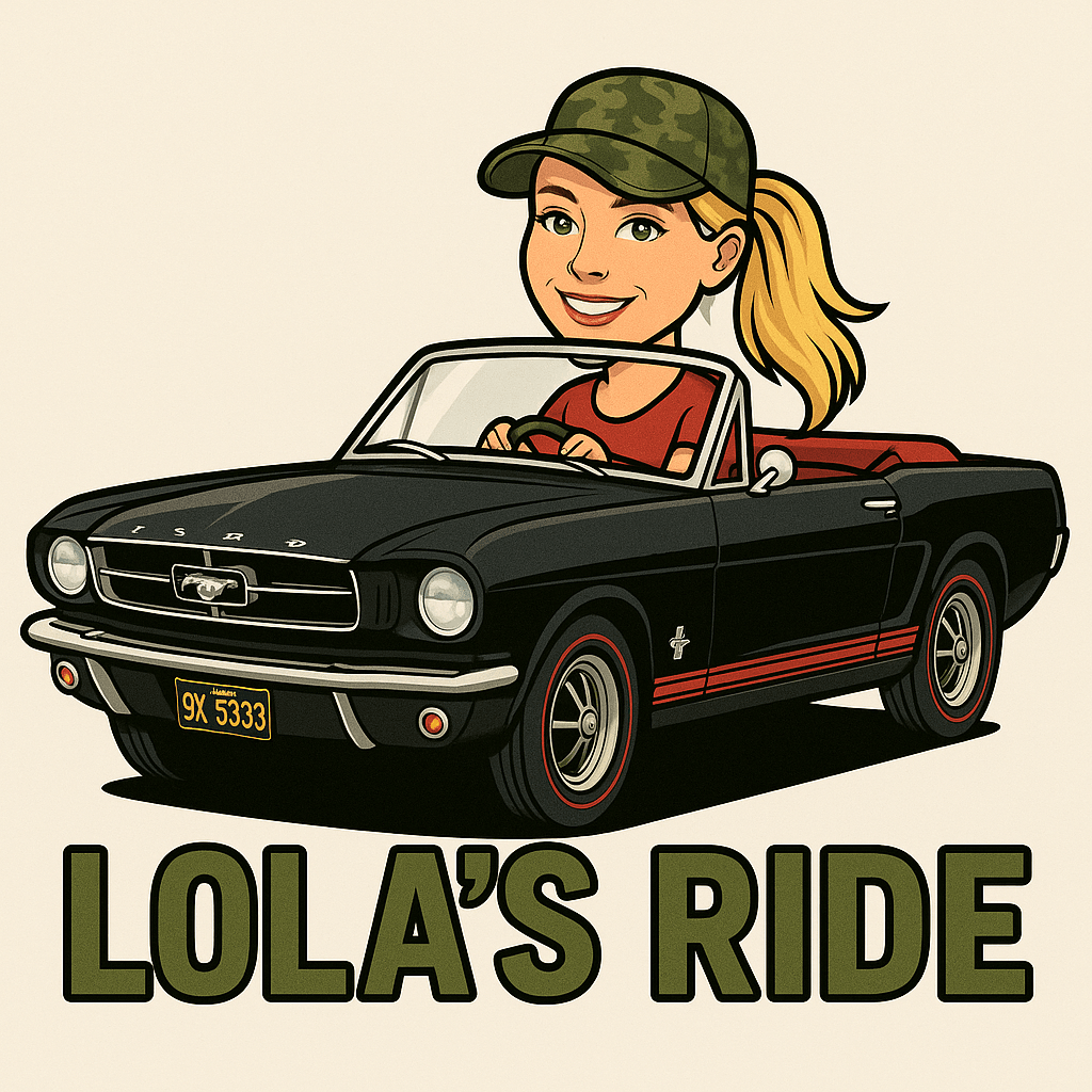 Cartoon woman with blonde hair in a ponytail, wearing a green cap, driving a black convertible car, with text 'LOLA'S RIDE'.