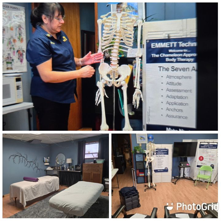 Woman demonstrating a skeleton model in a room with a sign about body therapy, two beds in a therapy room, and a skeleton in a classroom setting.