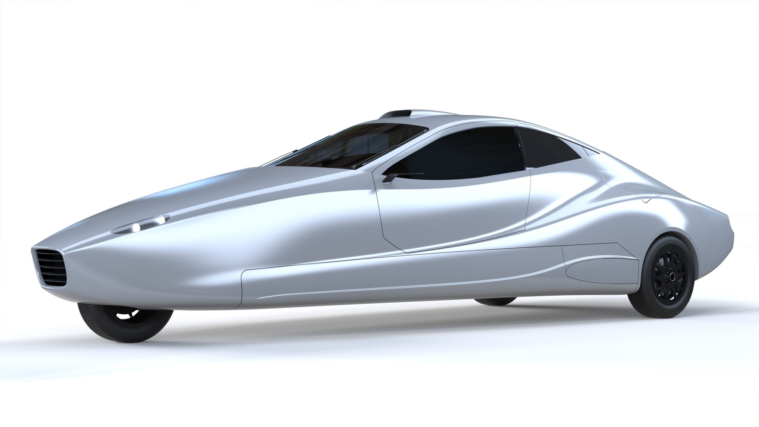 Silver futuristic car with a sleek, aerodynamic design and tinted windows, viewed from the side against a white background.