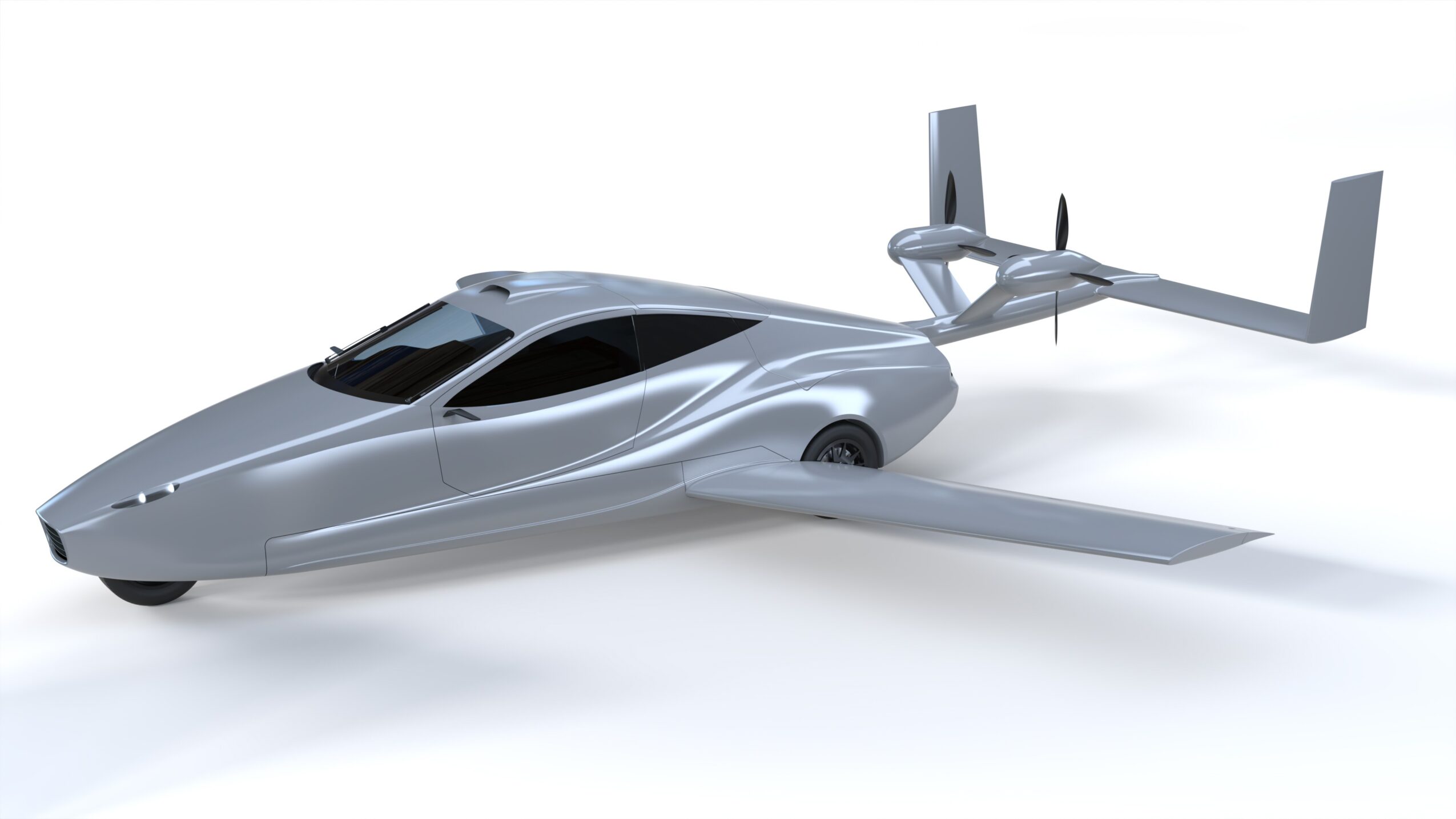 Futuristic silver vehicle with wings and tail, resembling a hybrid between a car and an aircraft, on a white background.
