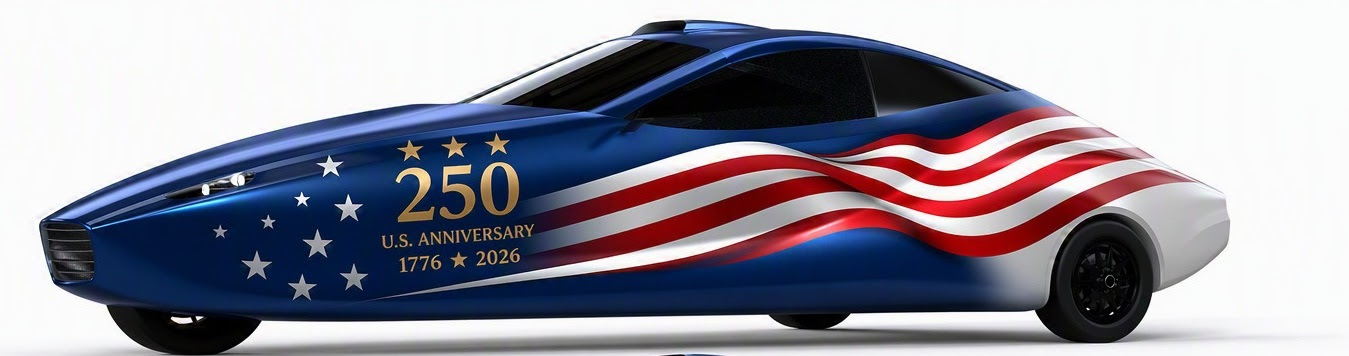 Car with American flag design and 250th anniversary logo, celebrating U.S. independence.