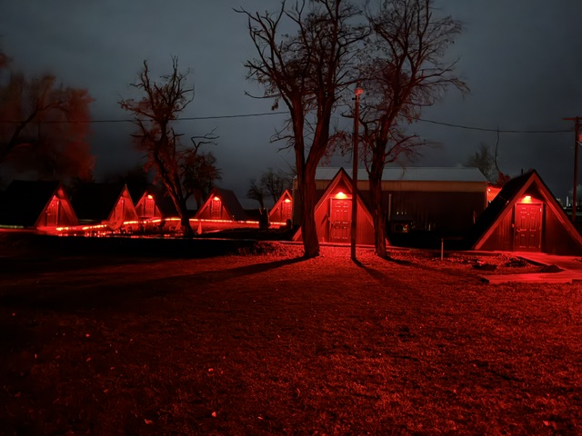 Night scene with trees and small buildings illuminated by red lights, dark sky, and a grassy foreground.