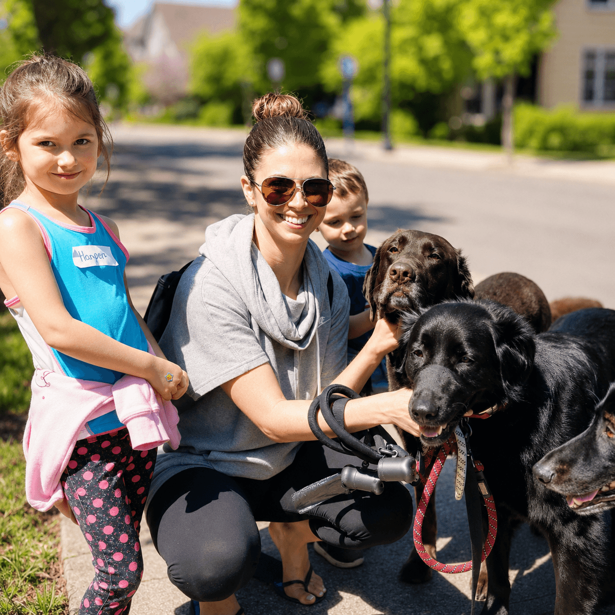 Woman with sunglasses and children outdoors with dogs, smiling, sunny day, trees and houses in background.