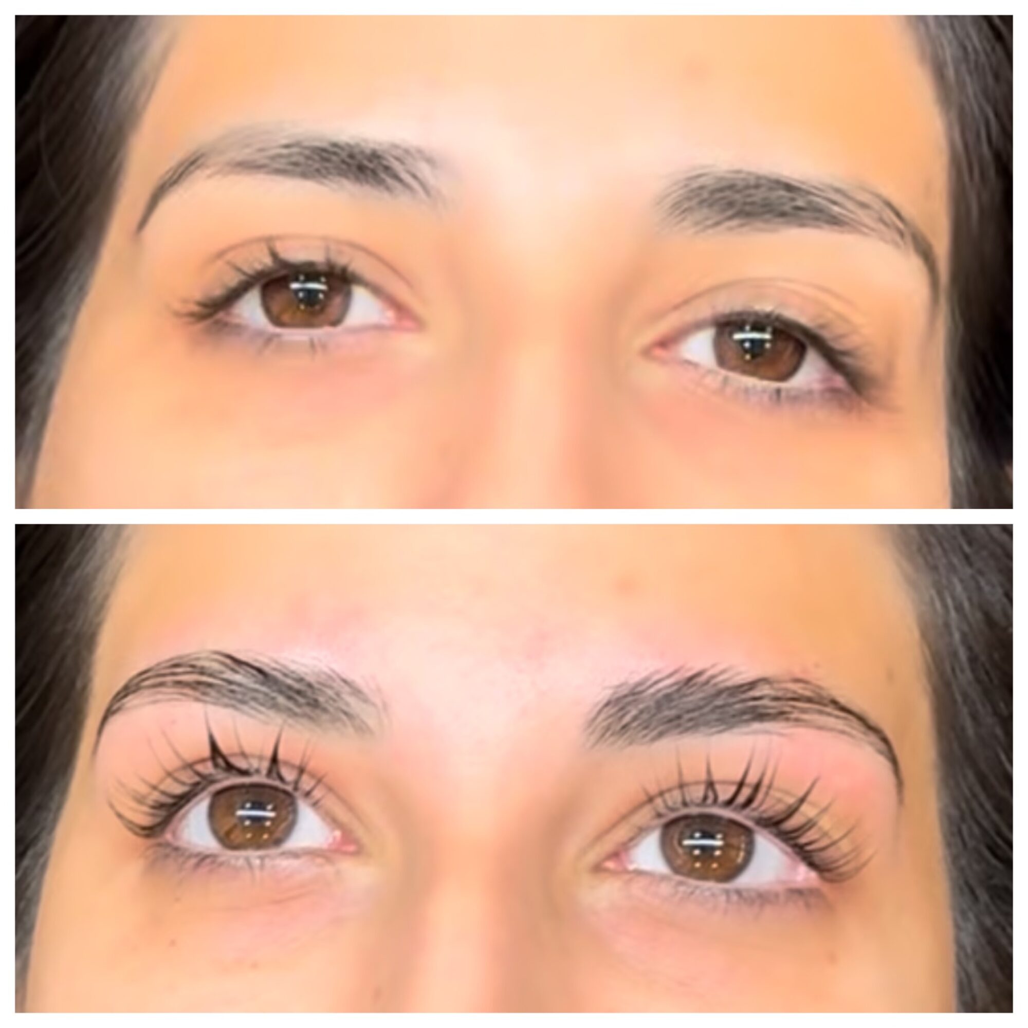 Close-up of a person's eyes before and after eyelash enhancement, showing longer, curled eyelashes in the second image.