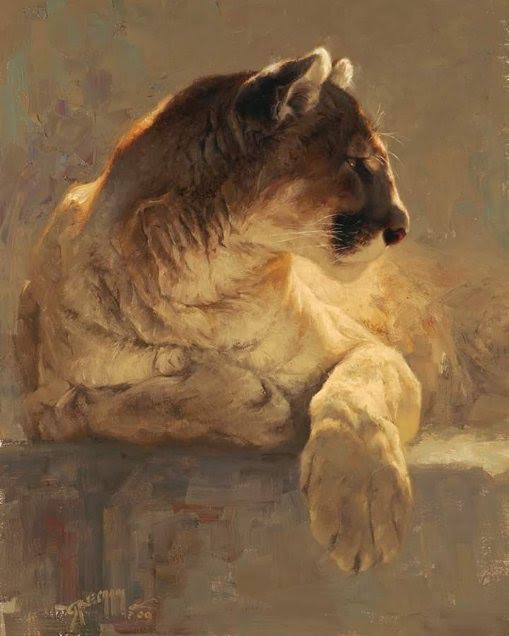 A painting of a wolf resting its head and paw on a surface, looking to the right with a calm expression.
