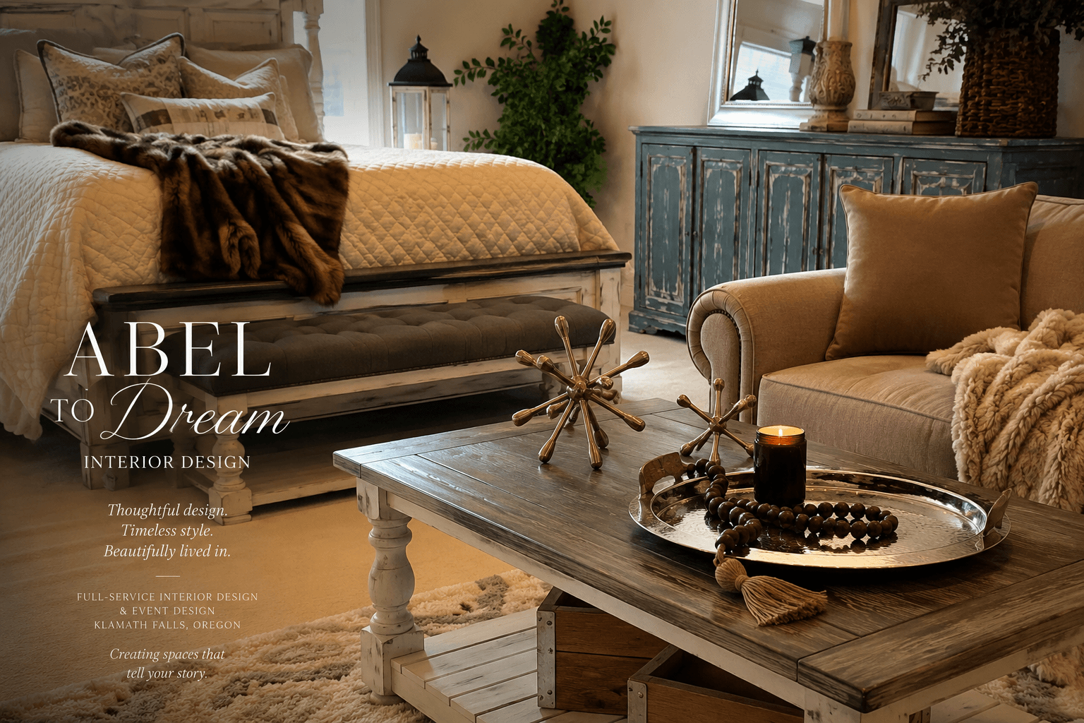 Living room with a bed, sofa, wooden coffee table, and decorative items, including a tray with candles and jewelry, in warm lighting.