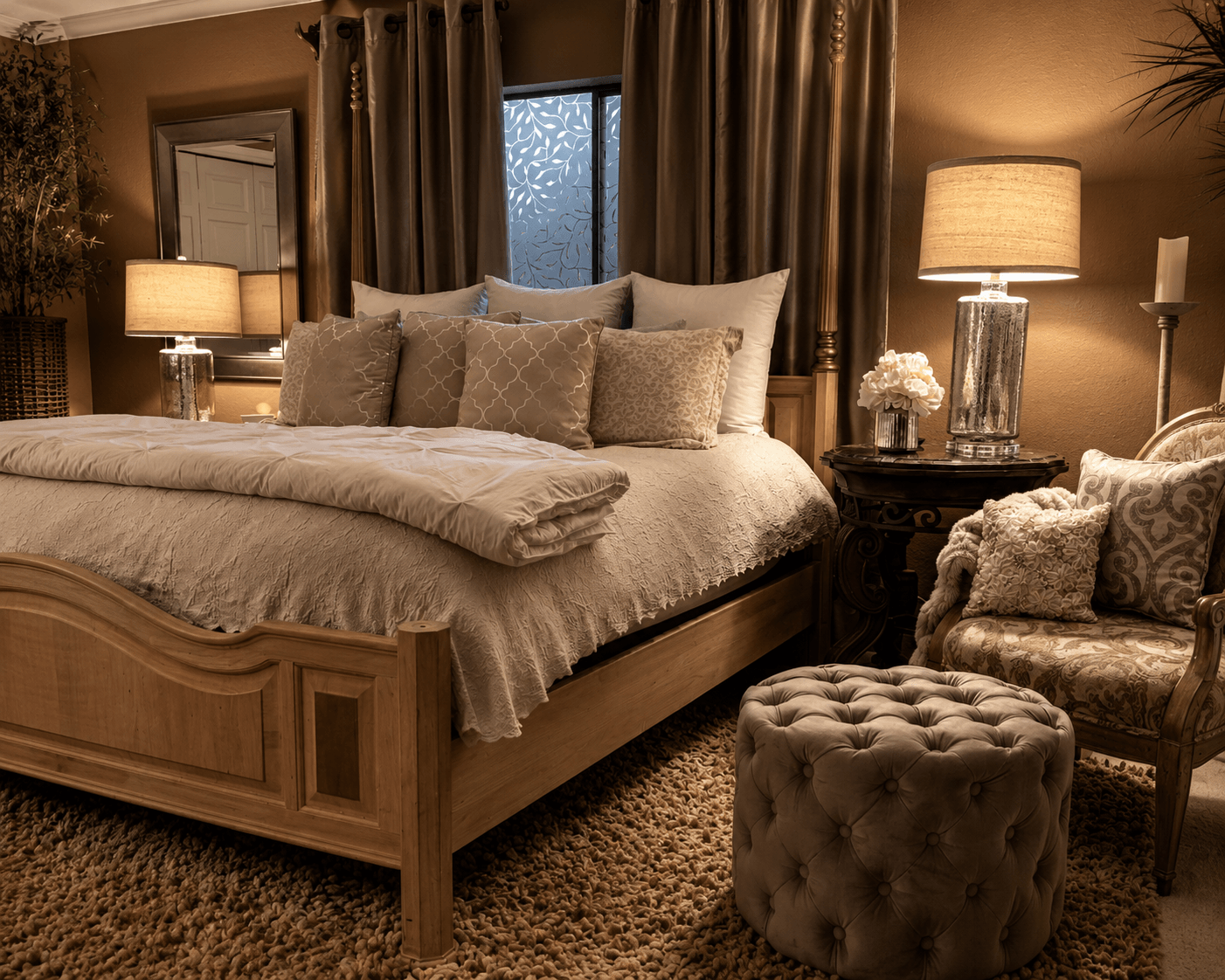Luxurious bedroom with bed, nightstands, lamps, and armchair, warm lighting, and curtains, cozy and elegant decor.