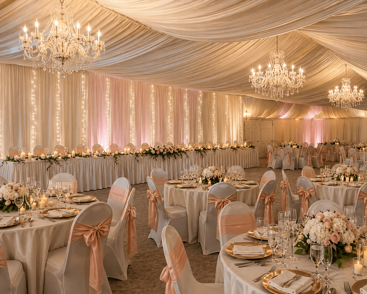 Elegant banquet hall decorated with chandeliers, draped ceiling, and long floral table arrangements, with round tables and pink ribbons on chairs.