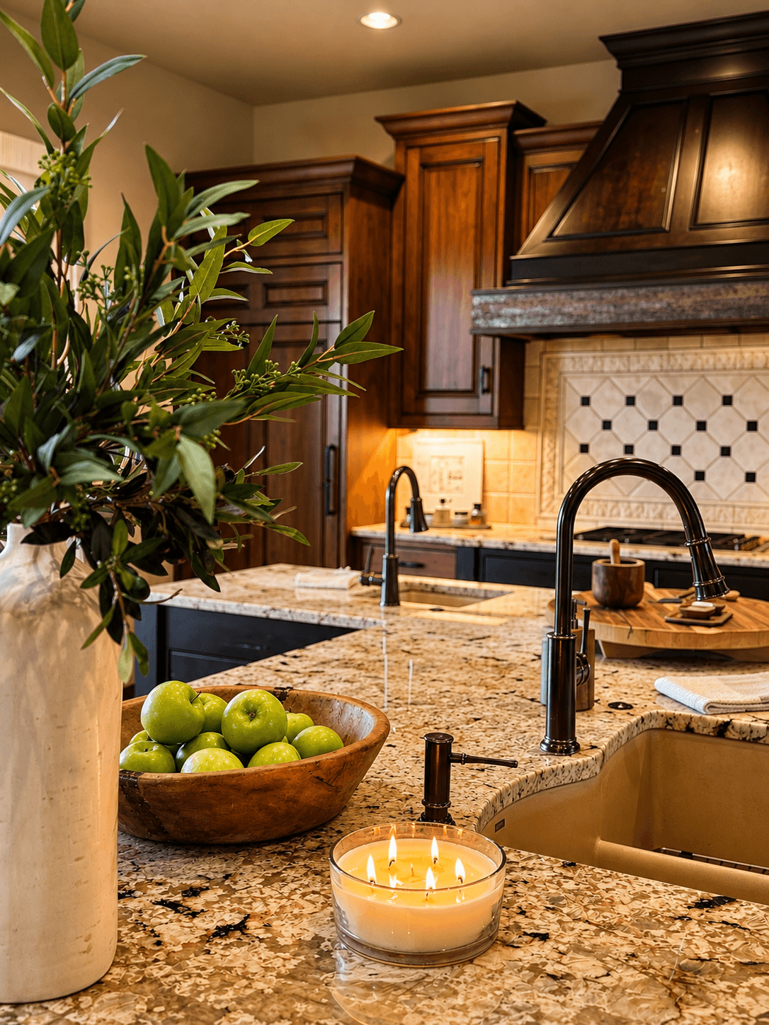 Kitchen with wooden cabinets, granite countertops, a bowl of green apples, and a lit candle in a glass container.