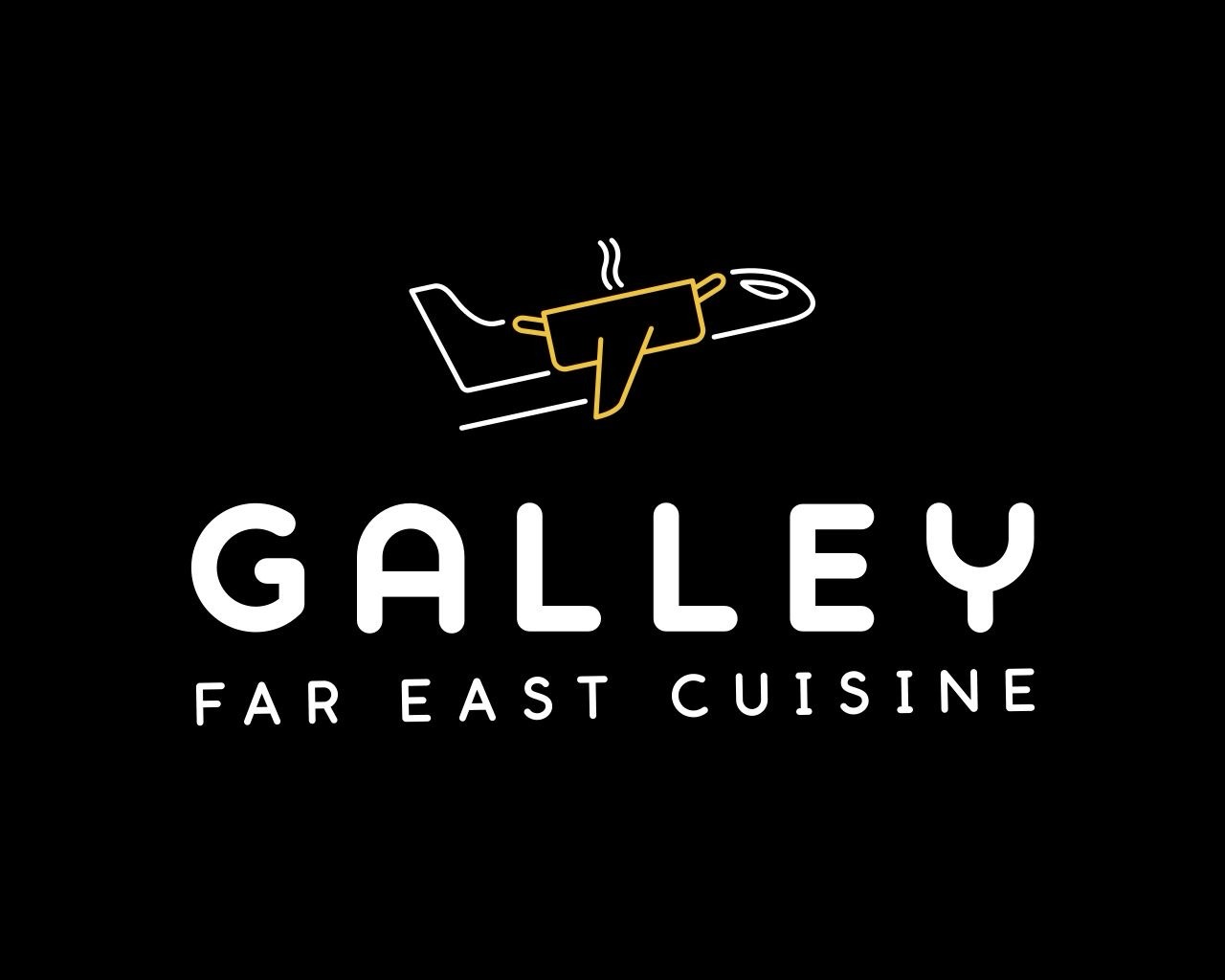 Logo with a steaming hot dish and utensils, text reads 'GALLERY FAR EAST CUISINE', on black background.