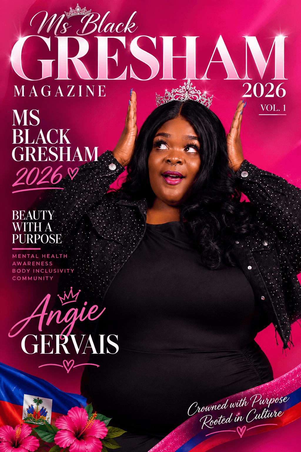 Woman with black hair and a crown, wearing a black outfit, holding her hands near her head, pink background, magazine cover.