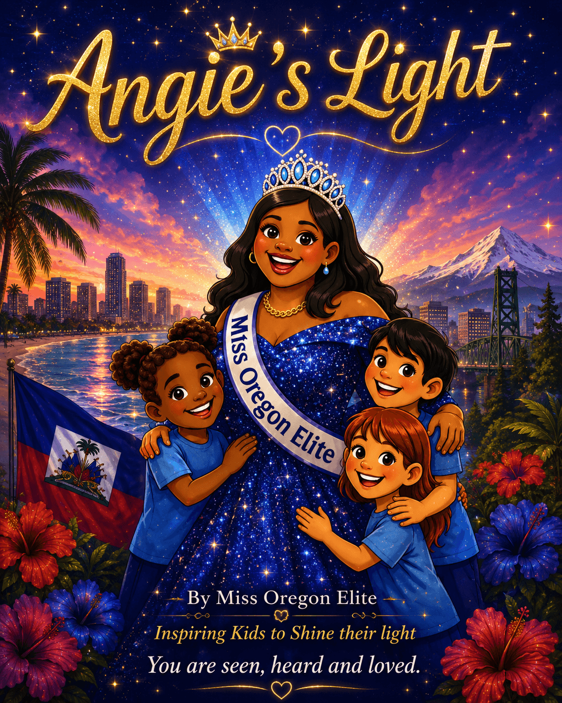 Illustration of a woman wearing a crown and sash, surrounded by children, with a cityscape and mountains in the background.