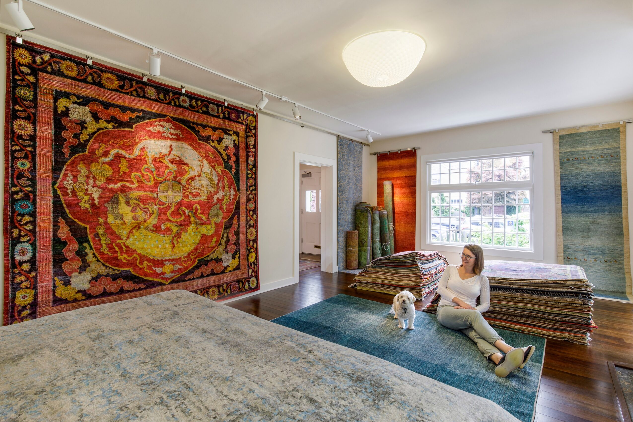 Person sitting on the floor with a dog in a room with large window, rugs, and wooden accents.