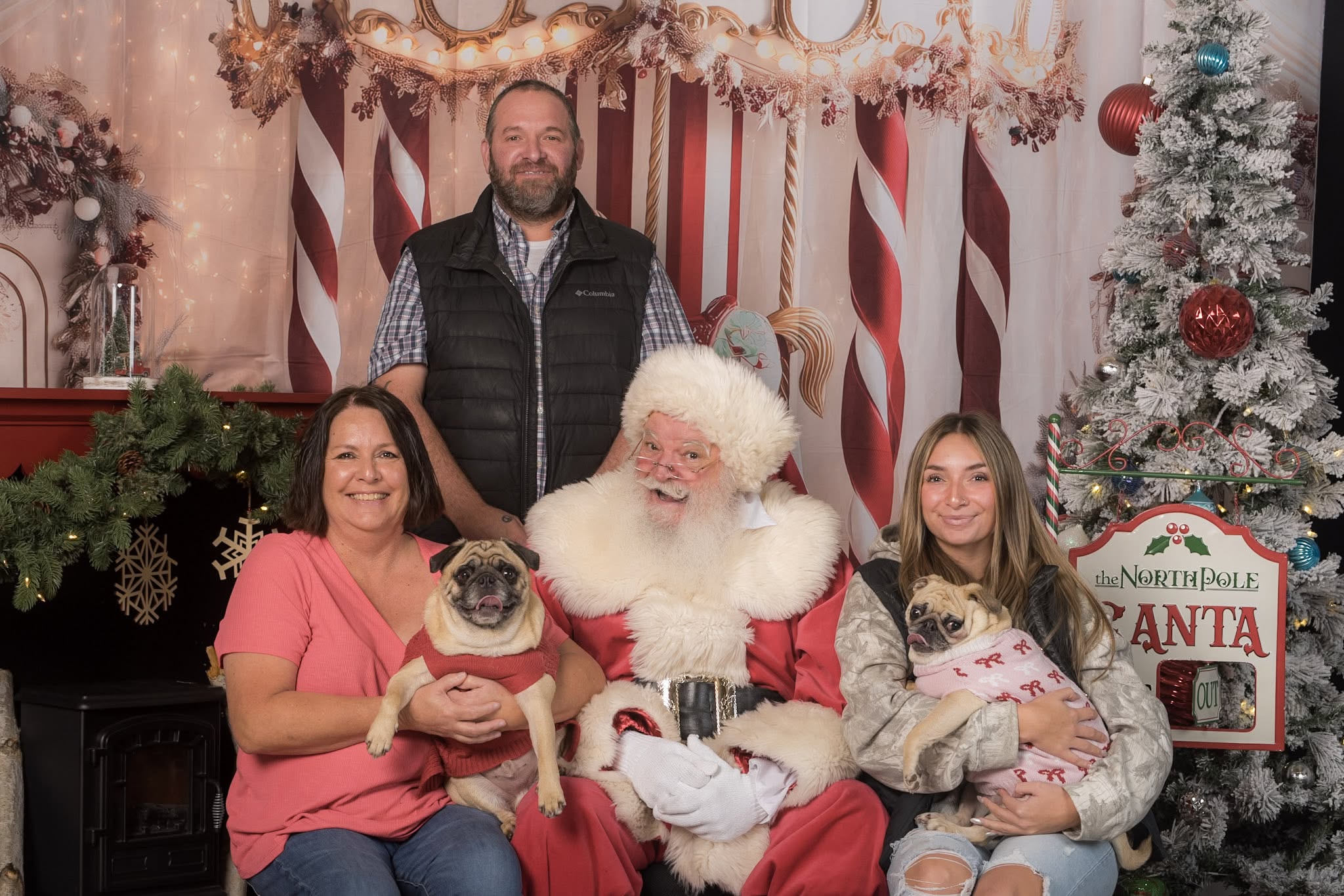 Four people, including Santa Claus, two women, and a man, pose with two dogs in front of Christmas decorations.