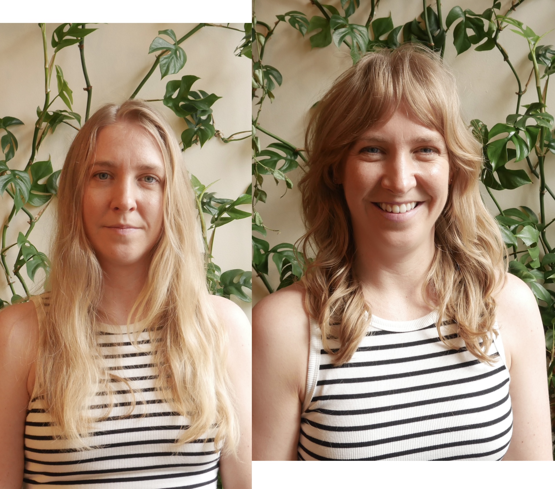 Side-by-side photos of a woman with long blonde hair and a woman with shoulder-length wavy hair, both smiling, in front of green plants.