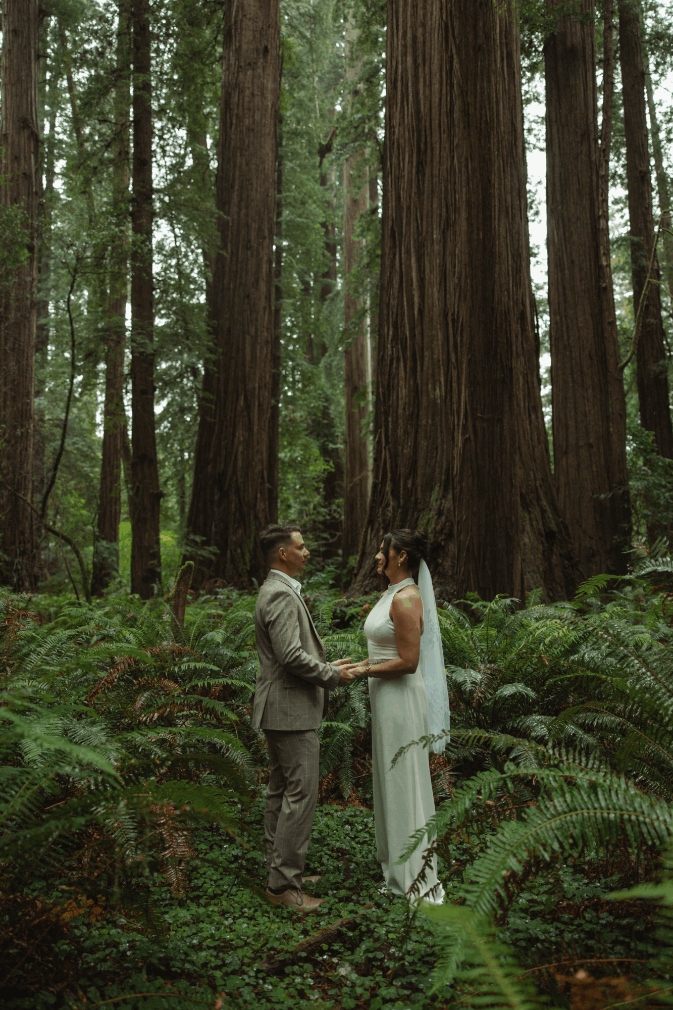 A couple holding hands in a forest with tall trees and green foliage, facing each other, dressed in formal attire.