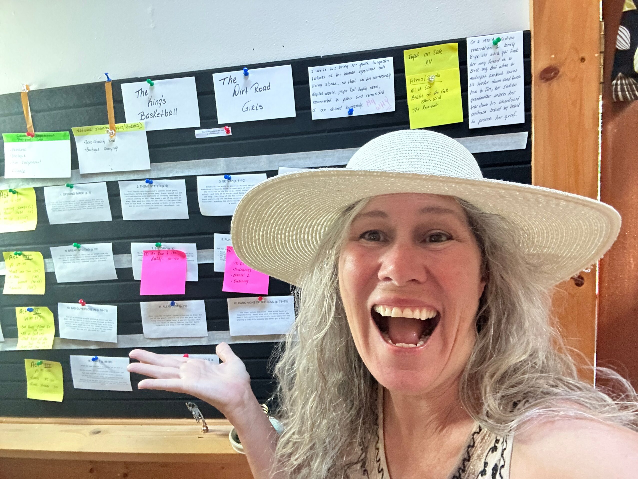 Woman with long gray hair wearing a wide-brimmed hat smiling, standing in front of a wall with colorful notes and papers.