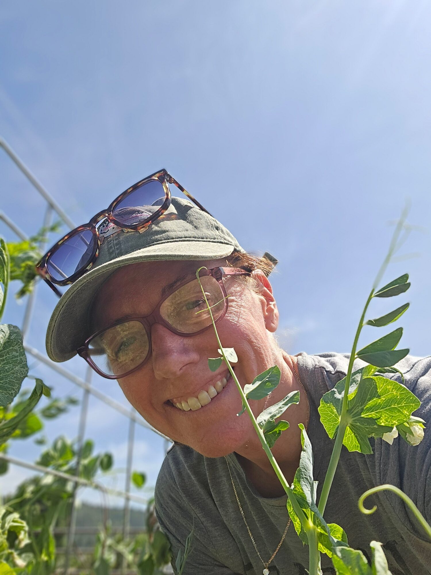 Person wearing glasses and a hat, smiling among green plants outdoors, with a blue sky background.