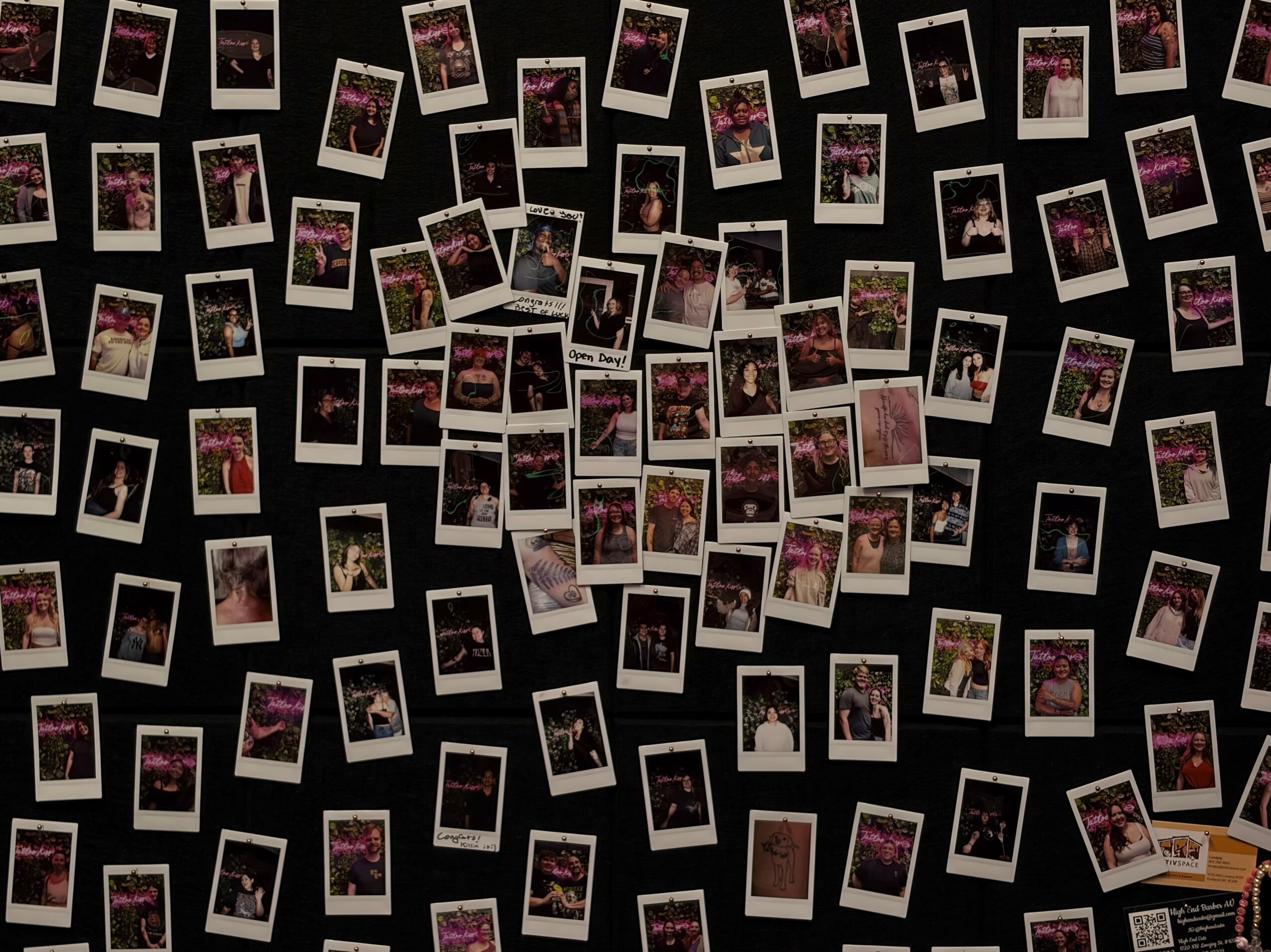 Collection of scattered Polaroid-style photos on a black background, some overlapping, with various images and colors.