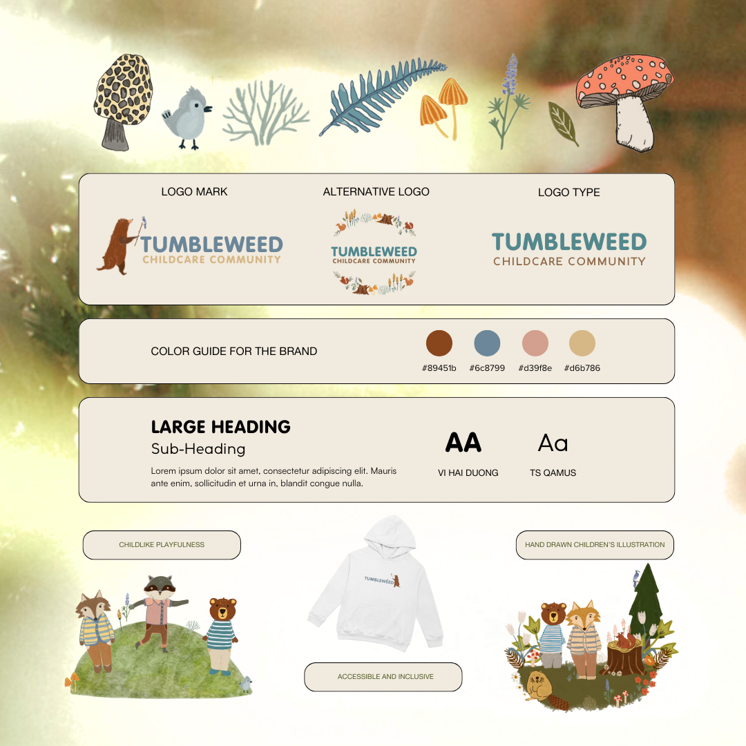 Designs of mushroom and plant illustrations, logo options, color palette, large heading, and children playing outdoors.