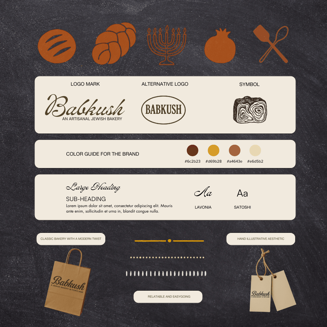 Logo with bakery name, alternative logo, symbol, color guide, large heading, sub-heading, barcode, and tags on a chalkboard background.
