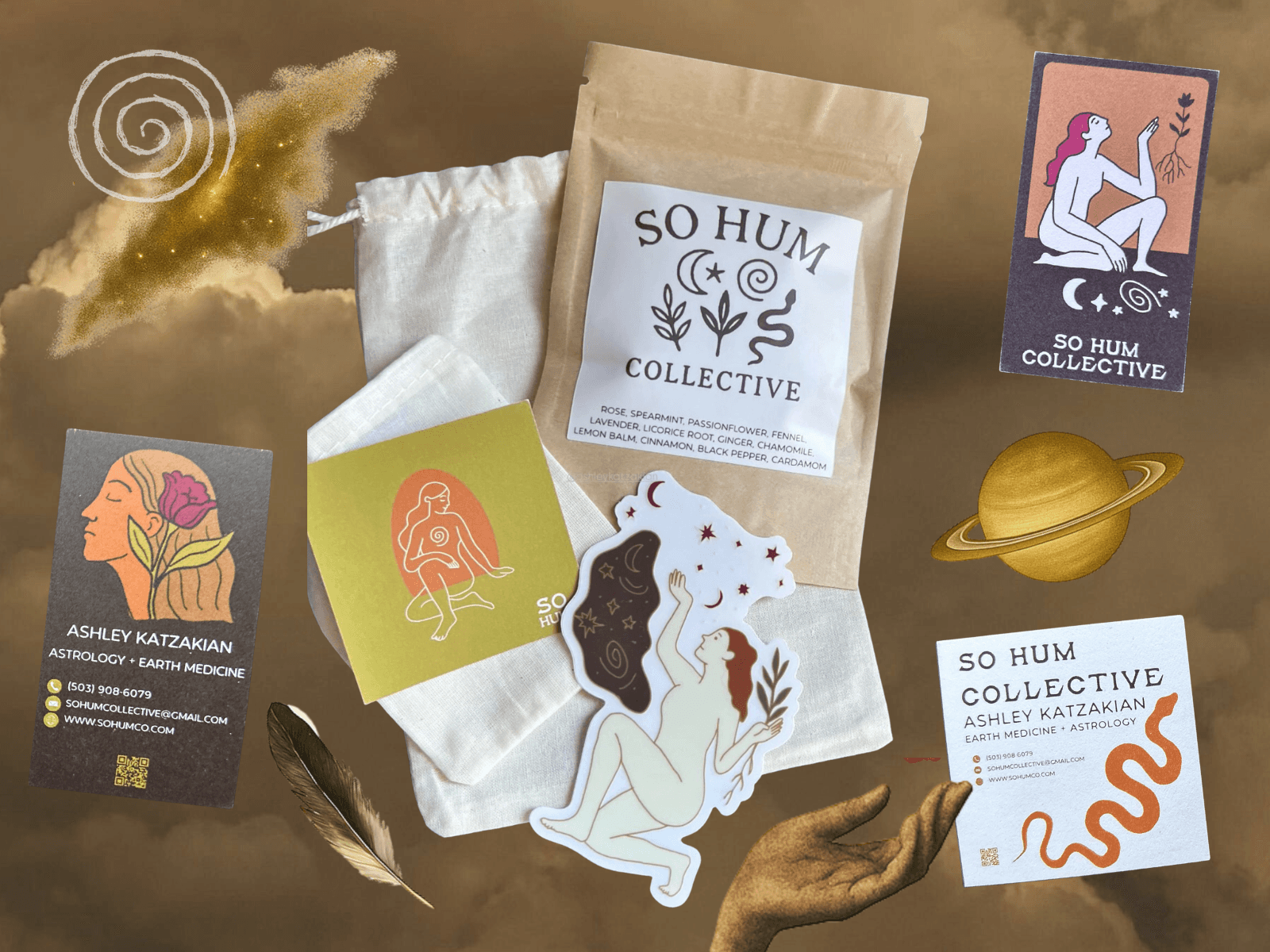 Collection of stickers, cards, and a paper bag with the 'So Hum Collective' logo, including a planet, a woman, and abstract designs.