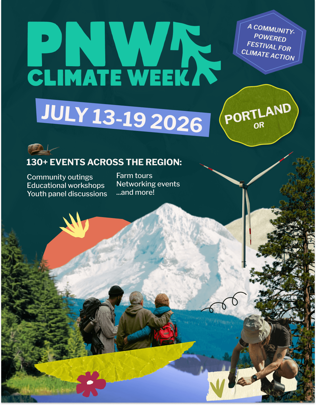 Poster for PNWA Climate Week, July 13-19, 2026, featuring a mountain, wind turbine, and people outdoors, promoting community events in Portland.