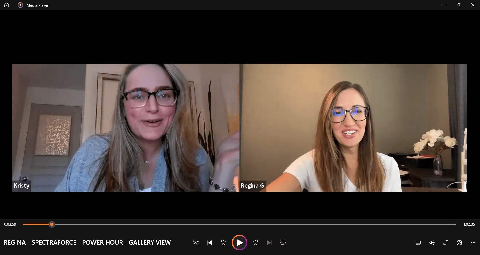 Two women with glasses smiling during a video call, one with long blonde hair and the other with shoulder-length brown hair, in indoor settings.