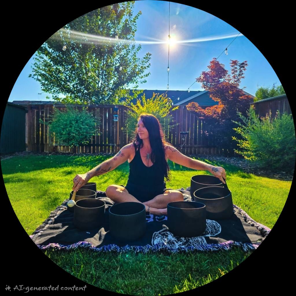 Person sitting cross-legged on a blanket in a backyard, surrounded by singing bowls, with trees and a fence in the background.