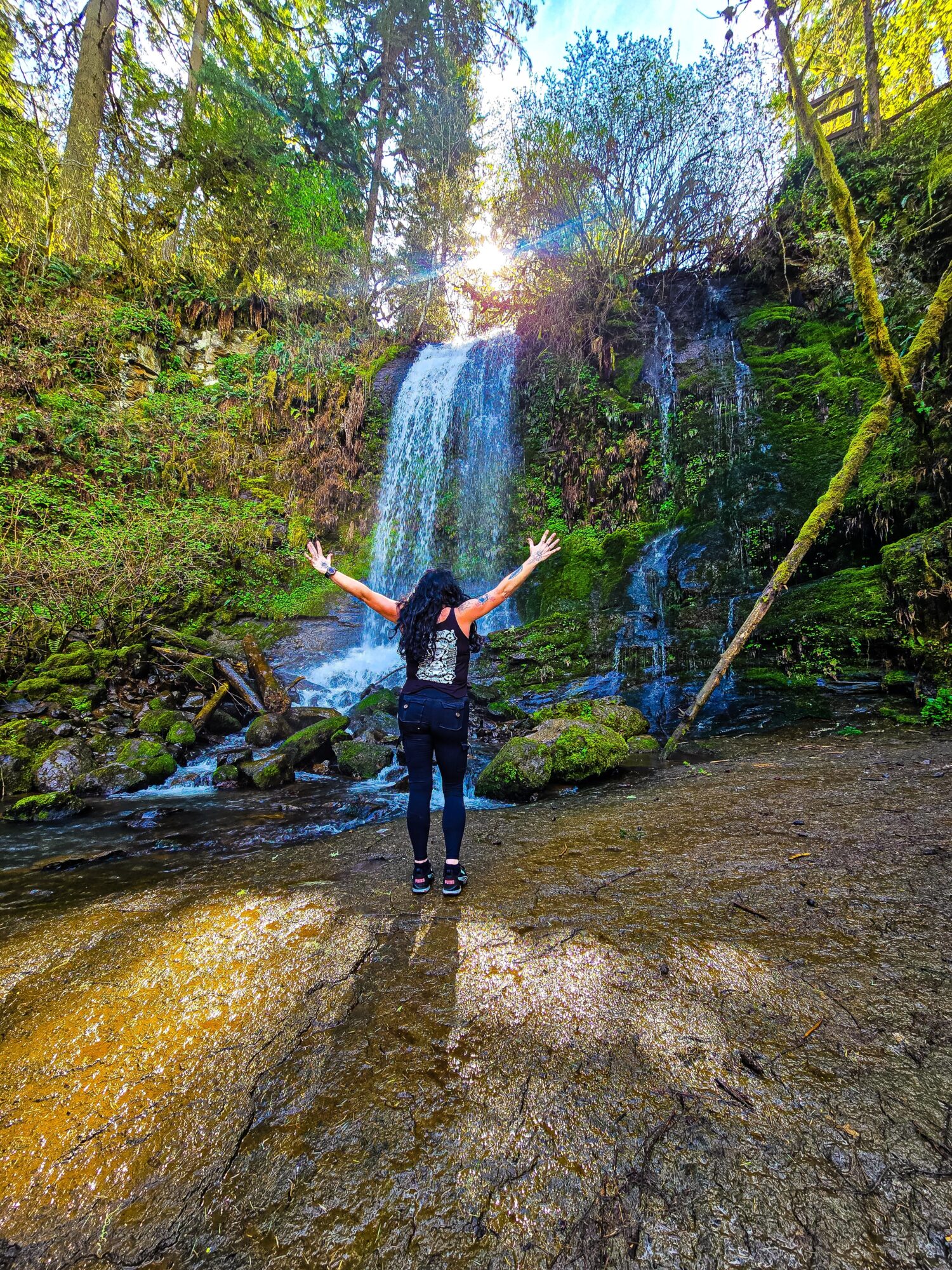 Person standing on a rock with arms raised in front of a waterfall surrounded by trees and sunlight.