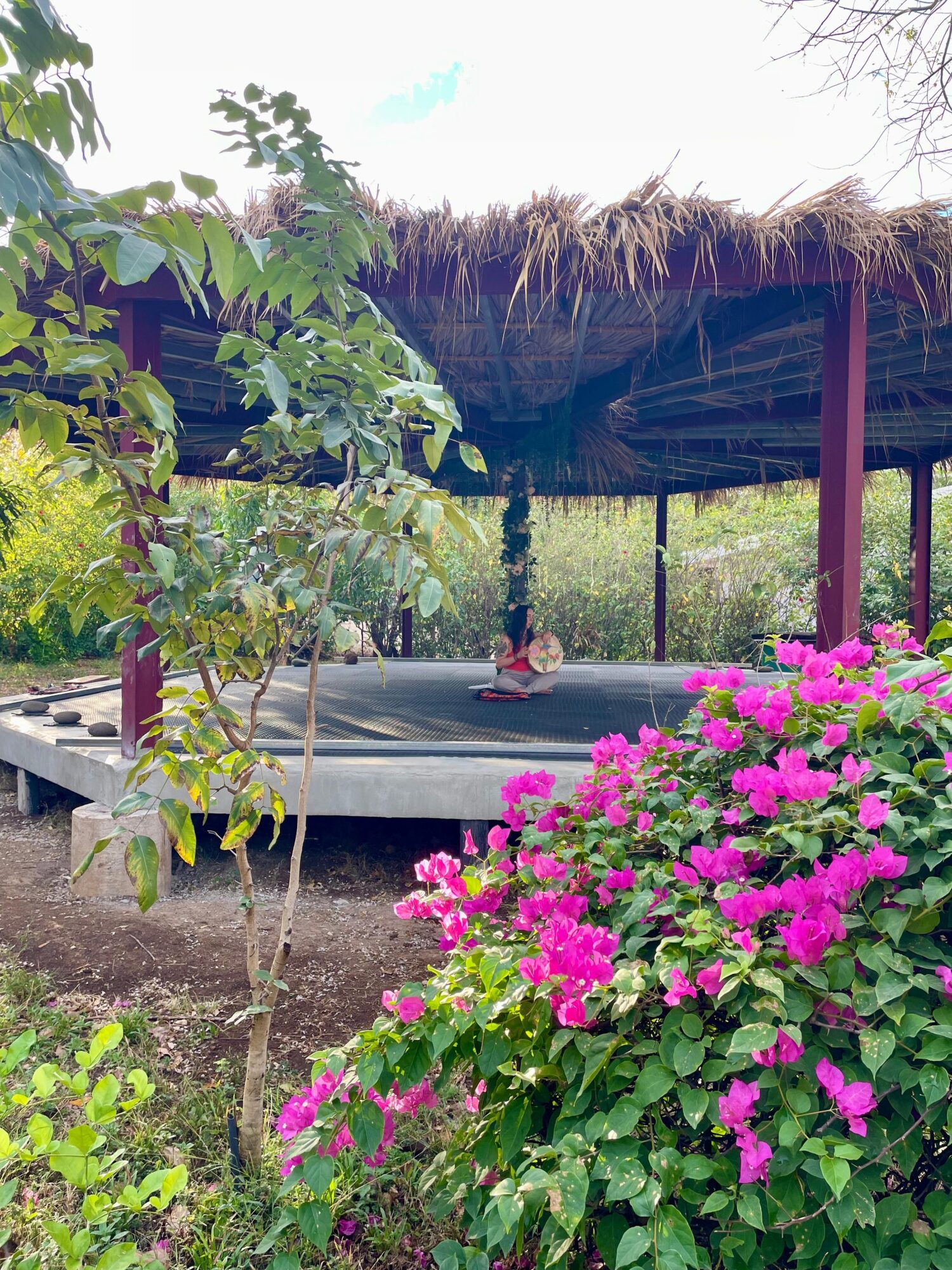 A thatched-roof outdoor structure with a person sitting on a platform, surrounded by pink flowers and green foliage.