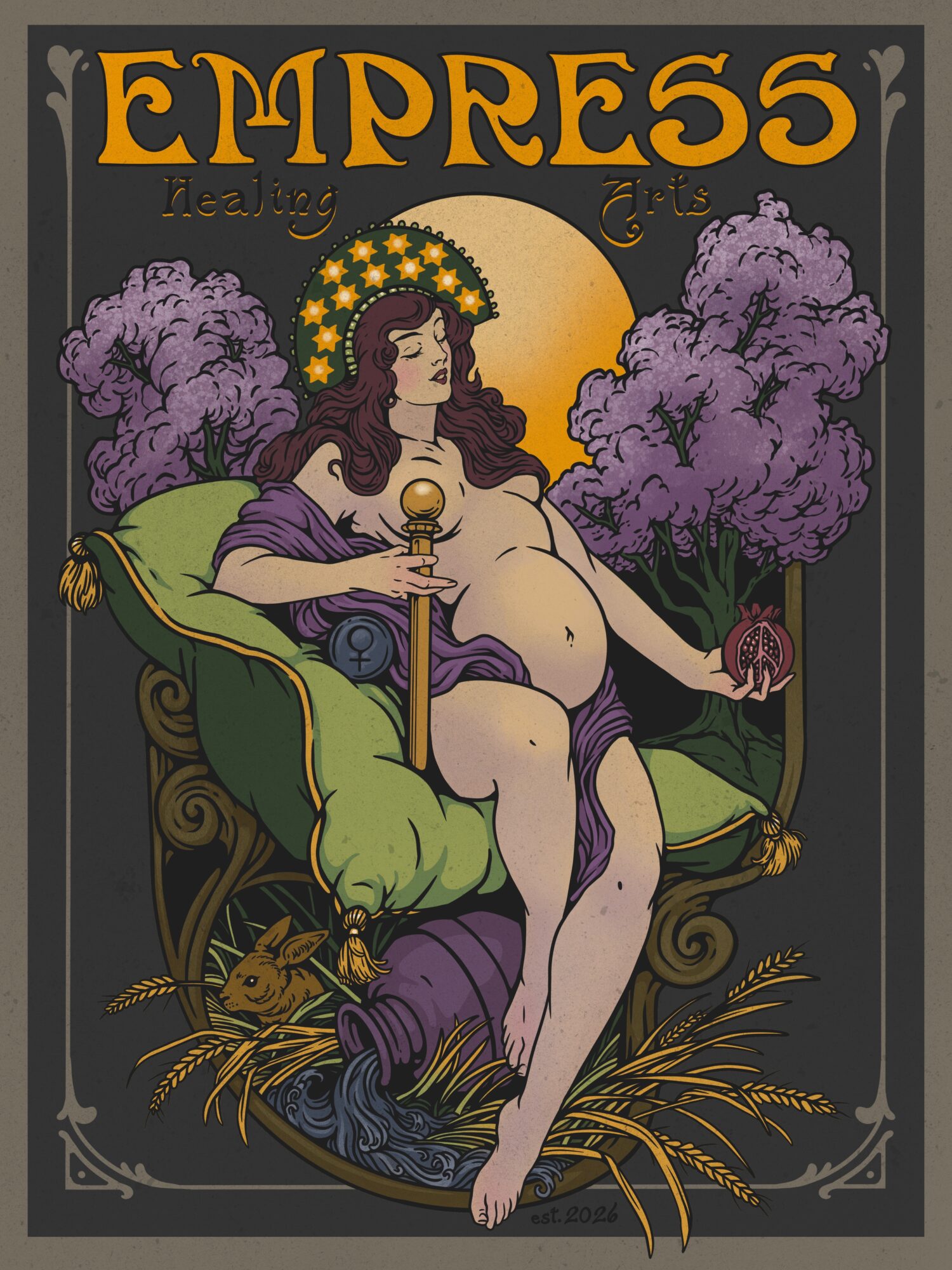 A woman with a crown of stars sits on a throne with purple clouds and a large moon behind her, holding a scepter.