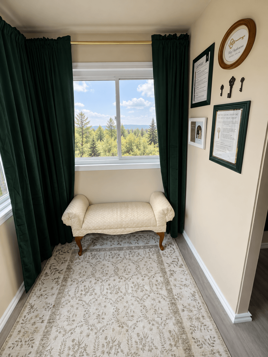 Small window with dark green curtains, cream-colored bench with wooden legs, framed pictures and clock on wall, patterned rug on floor.